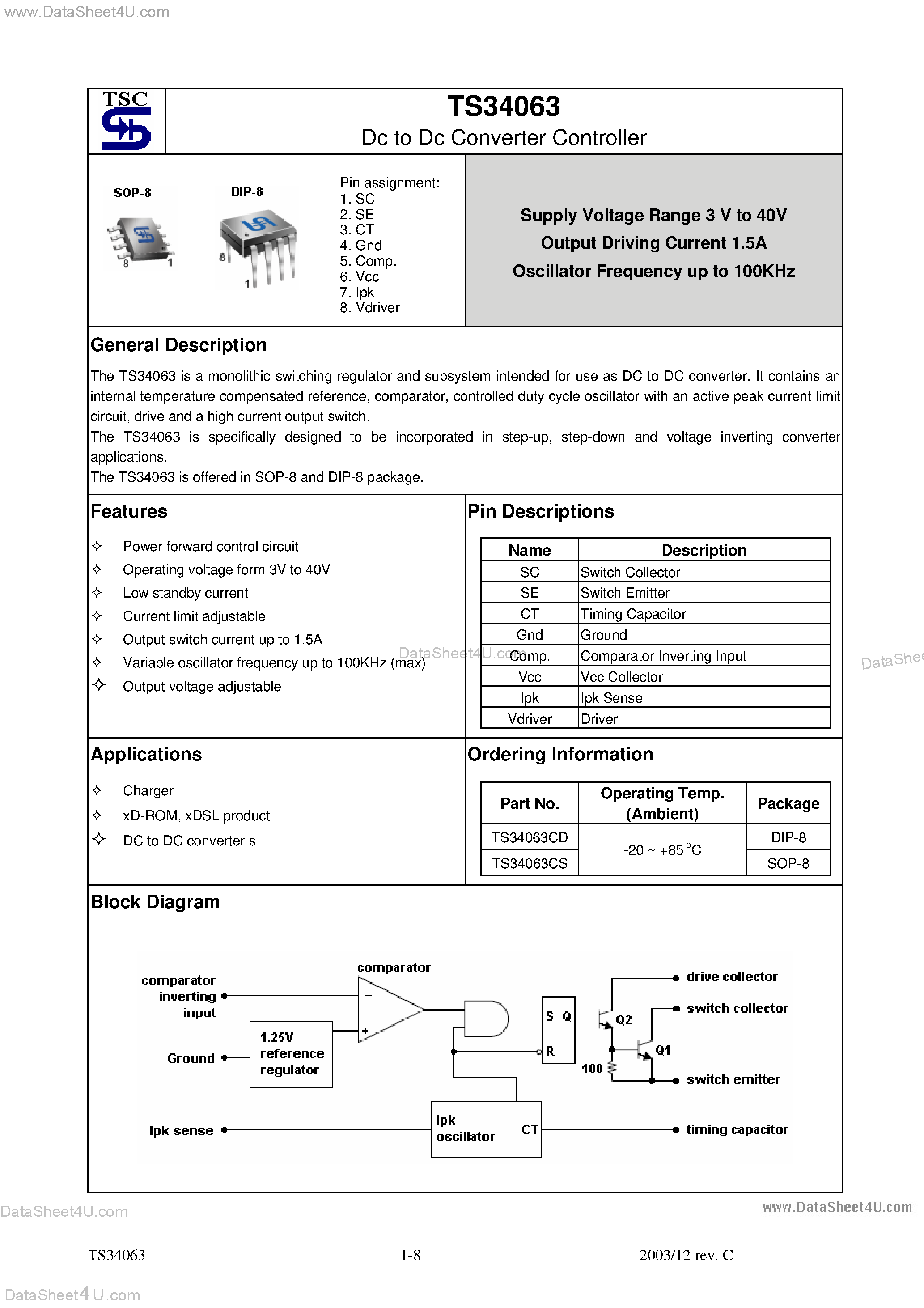 Datasheet TS34063 page 1 Datasheet TS34063 - Dc to Dc Converter Controller page 1