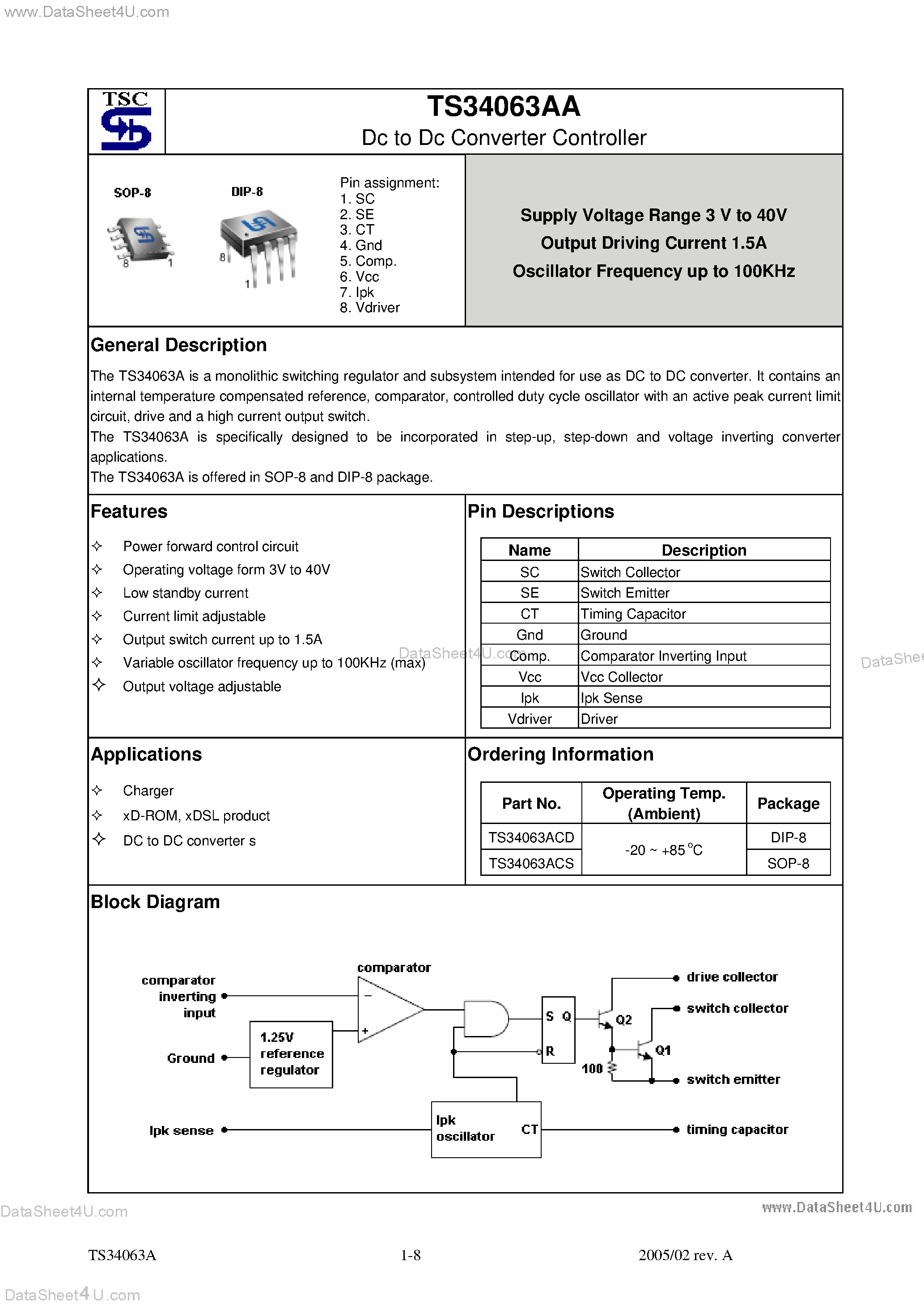 Datasheet TS34063AA page 1 Datasheet TS34063AA - Dc to Dc Converter Controller page 1