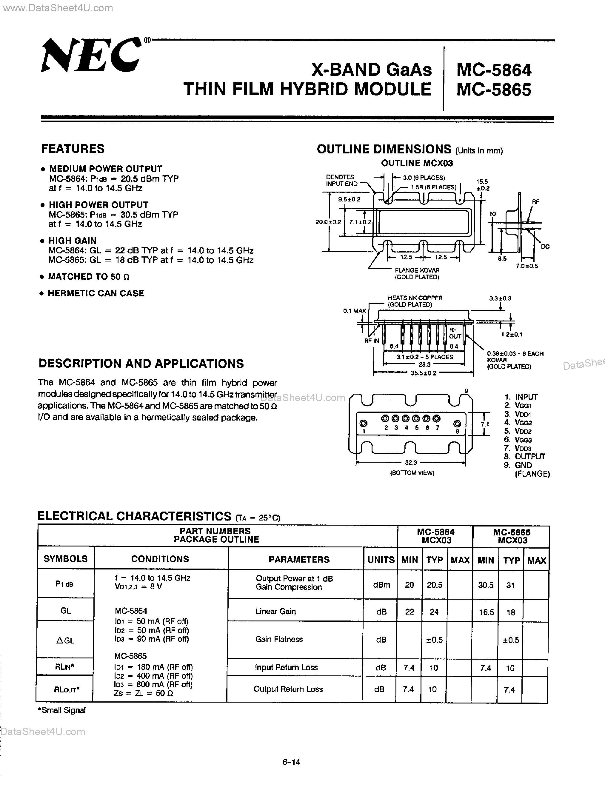 Datasheet MC5864 - X-Band GaAs Thin Film Hybrid Module page 1