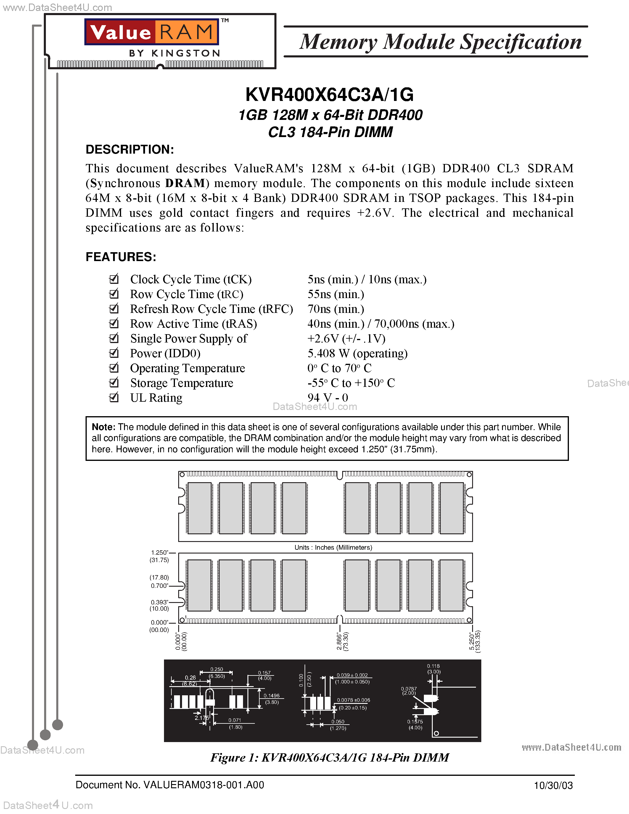 Даташит на микросхему KVR400X64C3A/1G страница 1 Даташит KVR400X64C3A/1G - 1GMB 128M x 64-Bit DDR400 страница 1