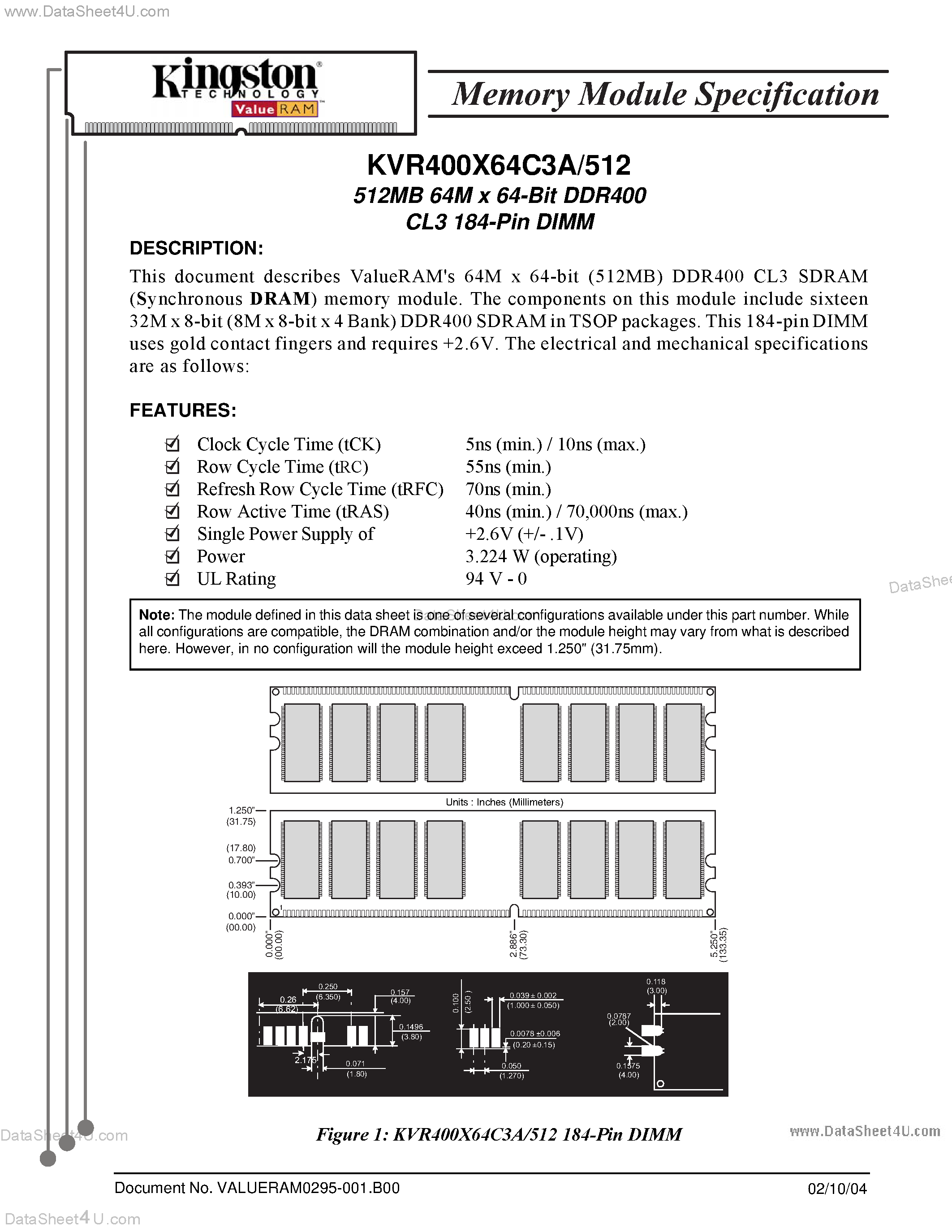 Даташит KVR400X64C3A/512 - 512MB 64M x 64-Bit DDR400 страница 1