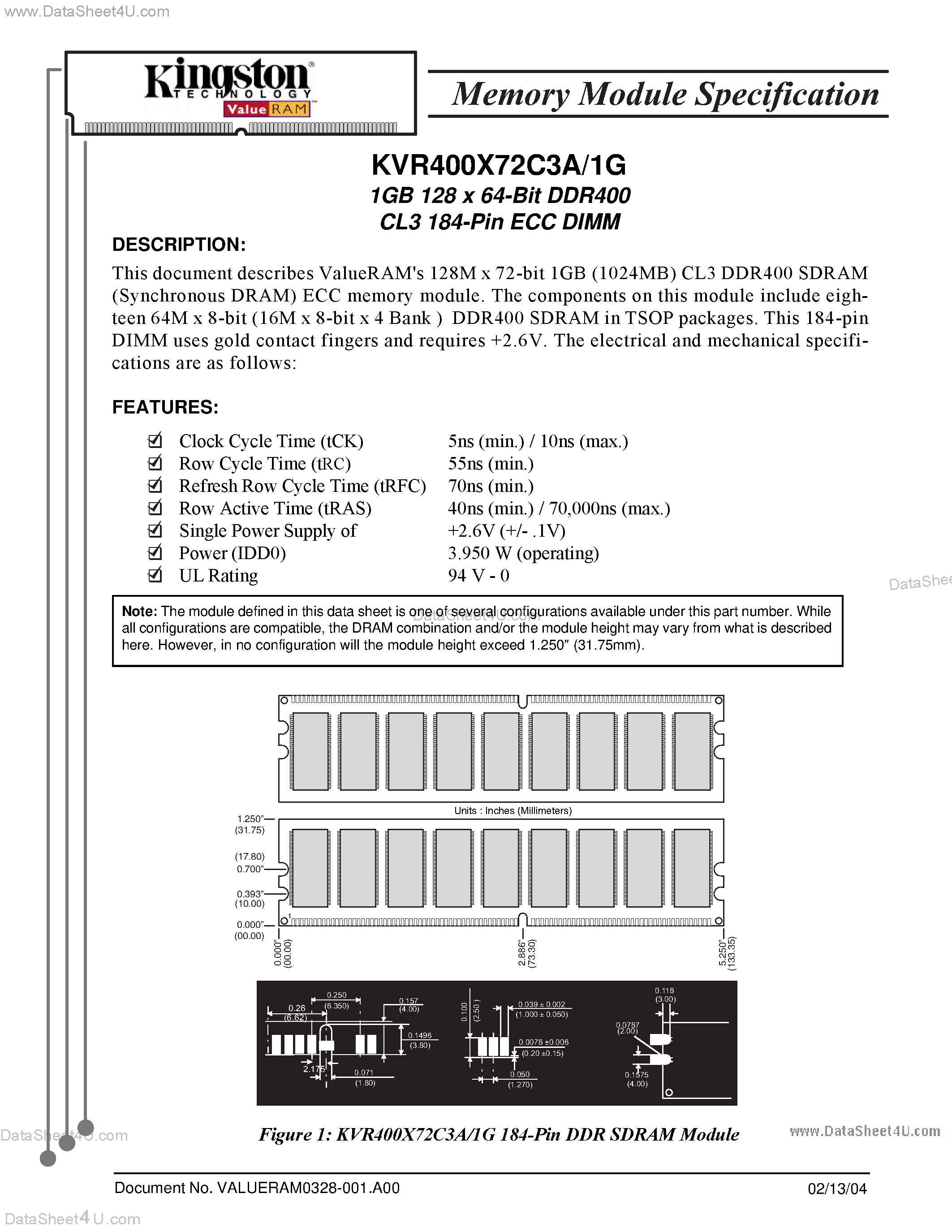 Даташит KVR400X72C3A/1G - 1GB 128M x 64-Bit DDR400 страница 1