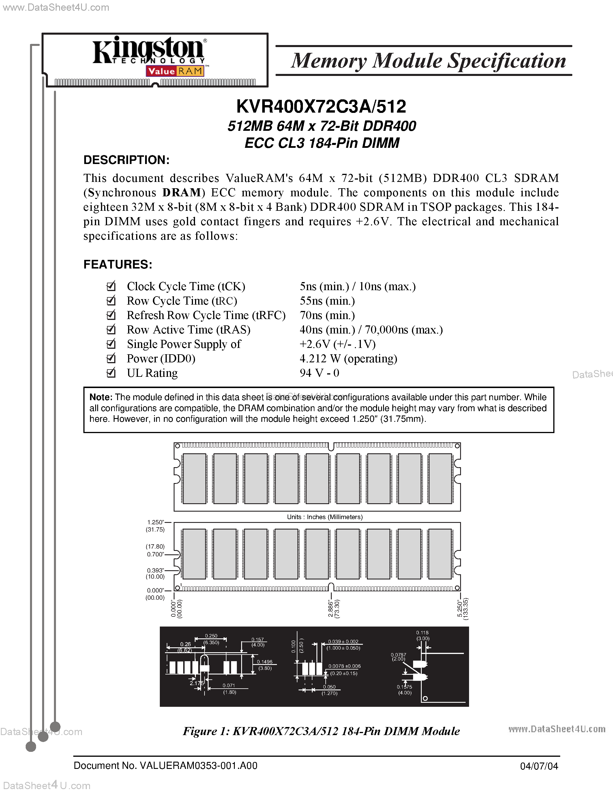 Даташит KVR400X72C3A/512 - 512MB 64M x 72-Bit DDR400 страница 1