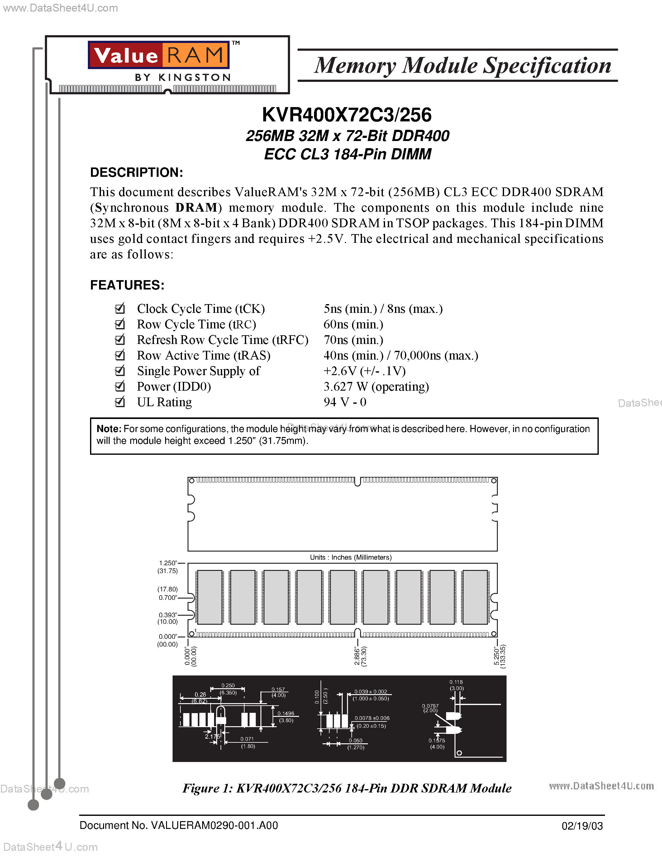 Даташит KVR400X72C3/256 - 256MB 32M x 72-Bit DDR400 страница 1