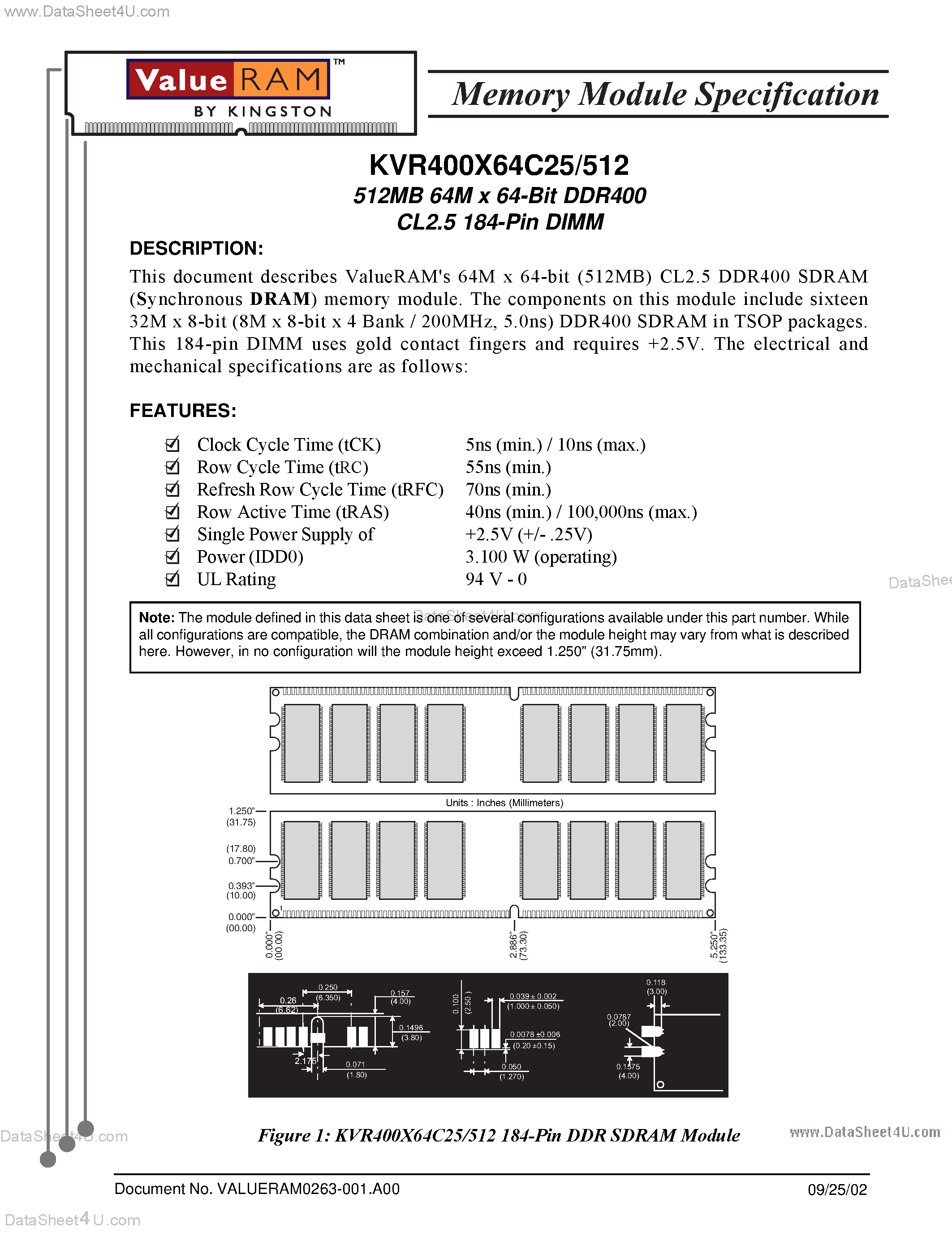 Даташит KVR400X64C25/512 - 512MB 64M x 64-Bit DDR400 страница 1