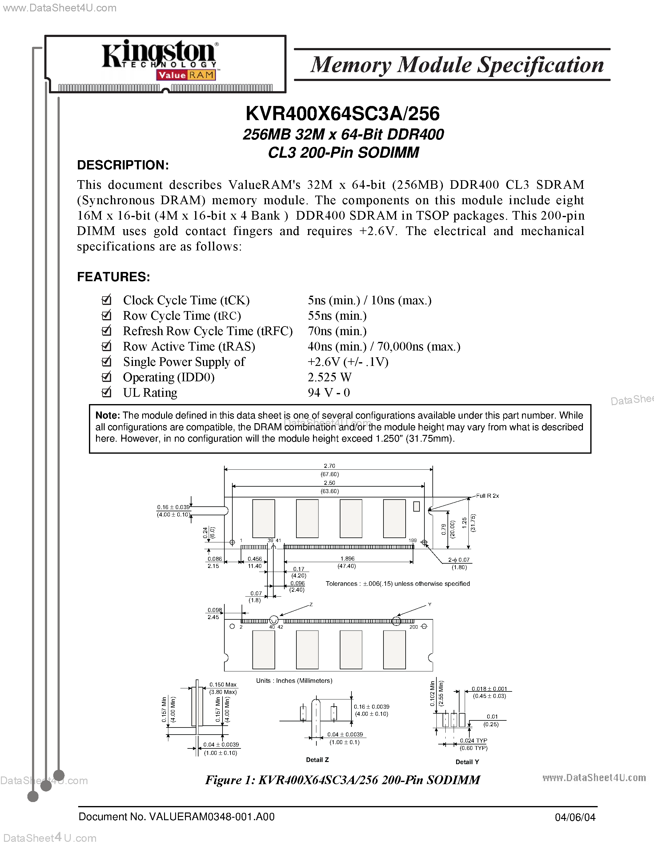 Даташит KVR400X64SC3A/256 - 256MB 32M x 64-Bit DDR400 страница 1