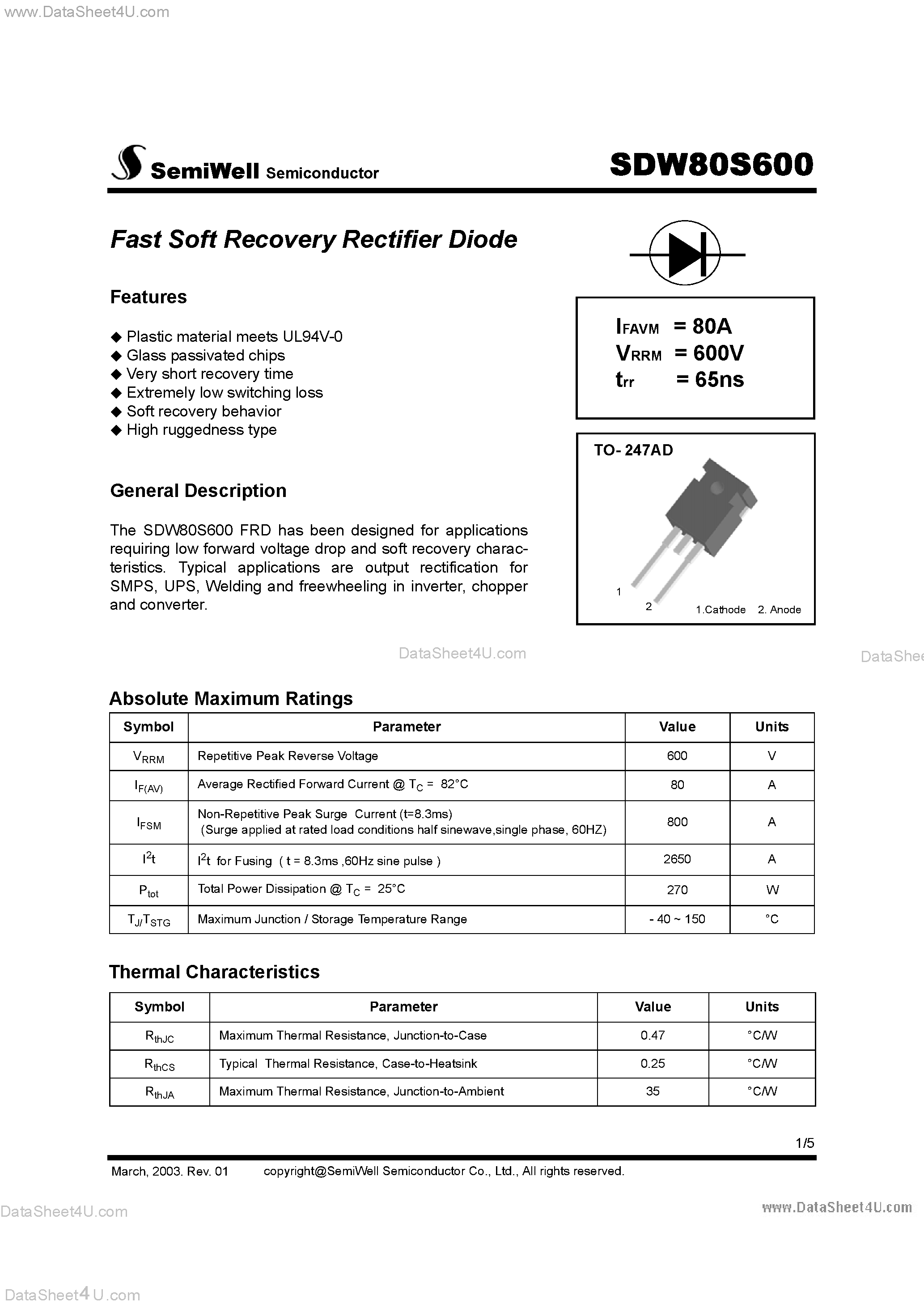 Datasheet SDW80S600 page 1 Datasheet SDW80S600 - Fast Soft Recovery Rectifier Diode page 1