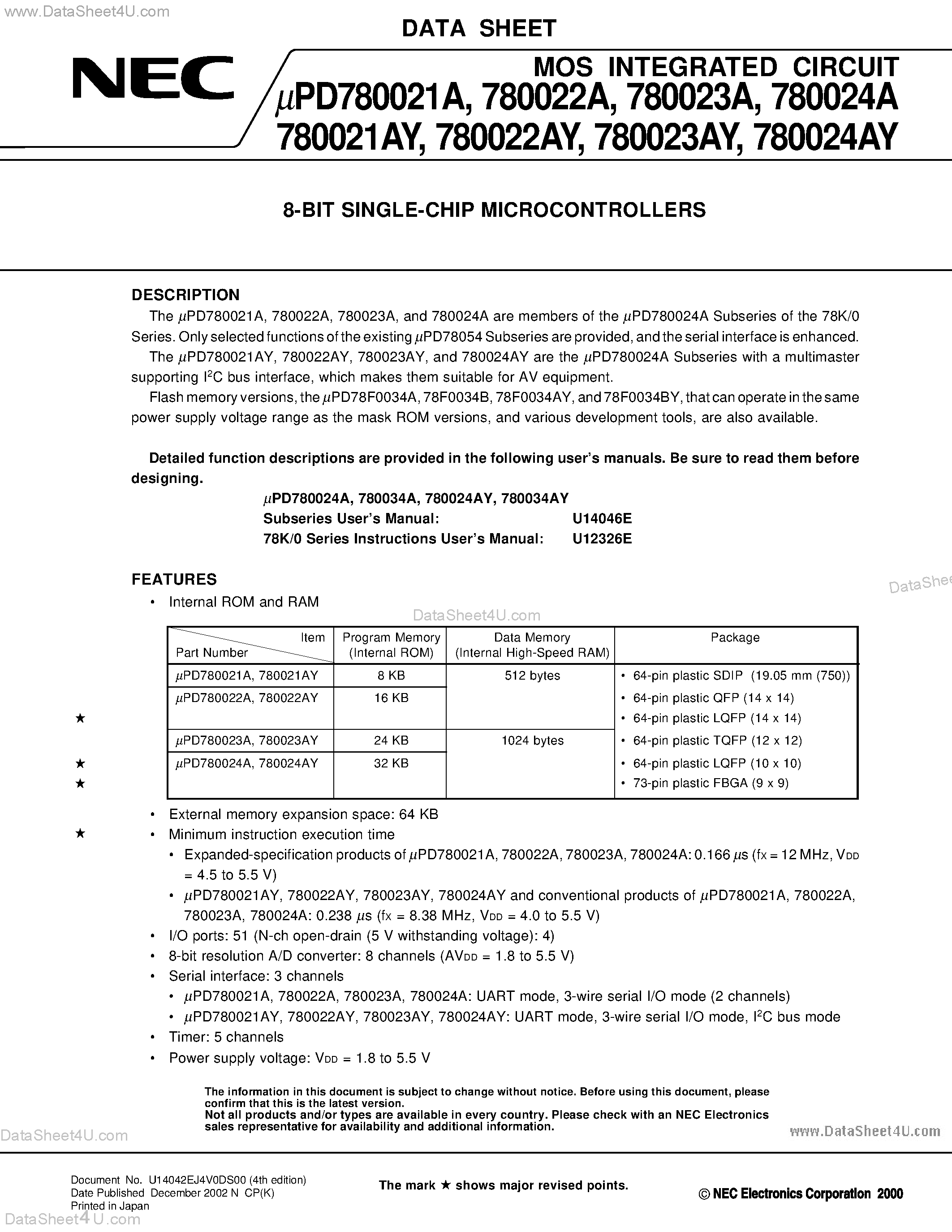 Даташит UPD780021A - (UPD780021A - UPD780024A) 8-BIT SINGLE-CHIP MICROCONTROLLERS страница 1