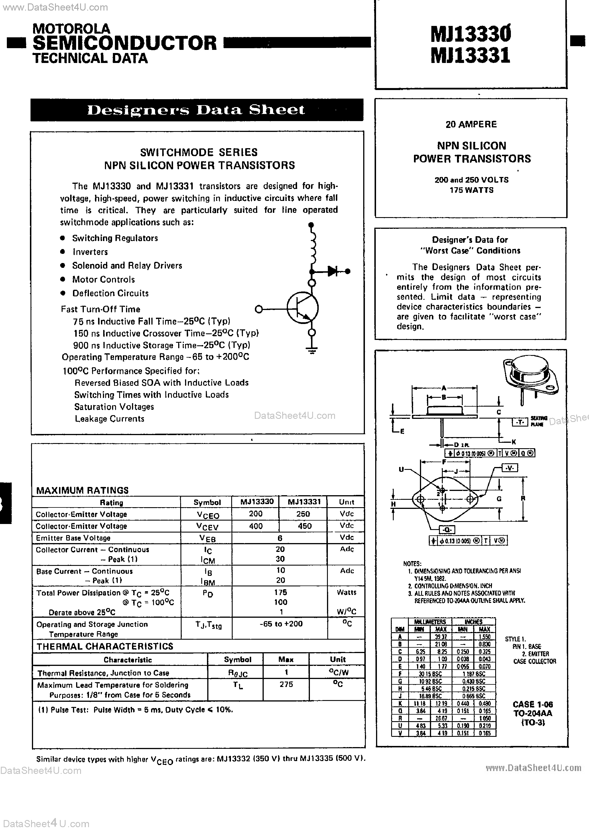 Даташит на микросхему MJ13330 страница 1 Даташит MJ13330 - (MJ13330 / MJ13331) NPN SIlicon Power Transistors страница 1