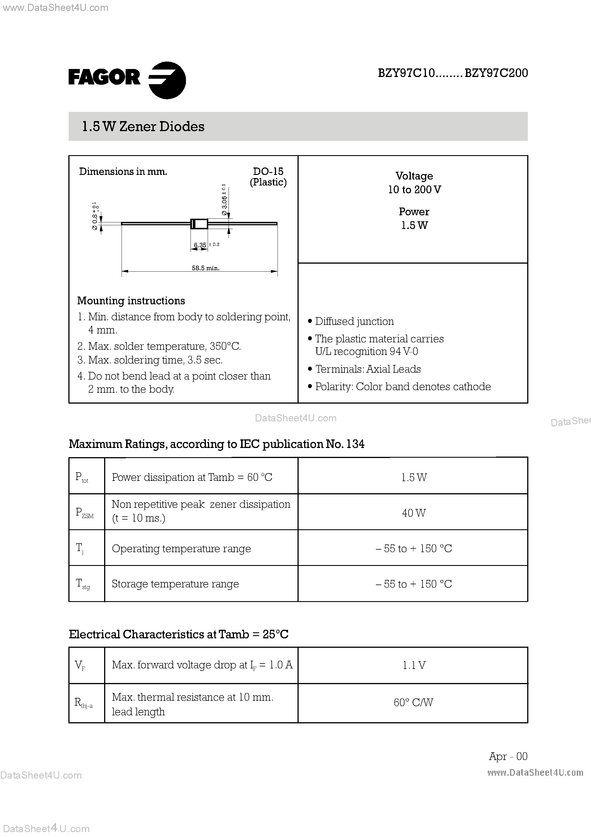 Даташит на микросхему BZY97C12 страница 1 Даташит BZY97C12 - (BZY97C10 - BZY97C200) Zener Diodes страница 1