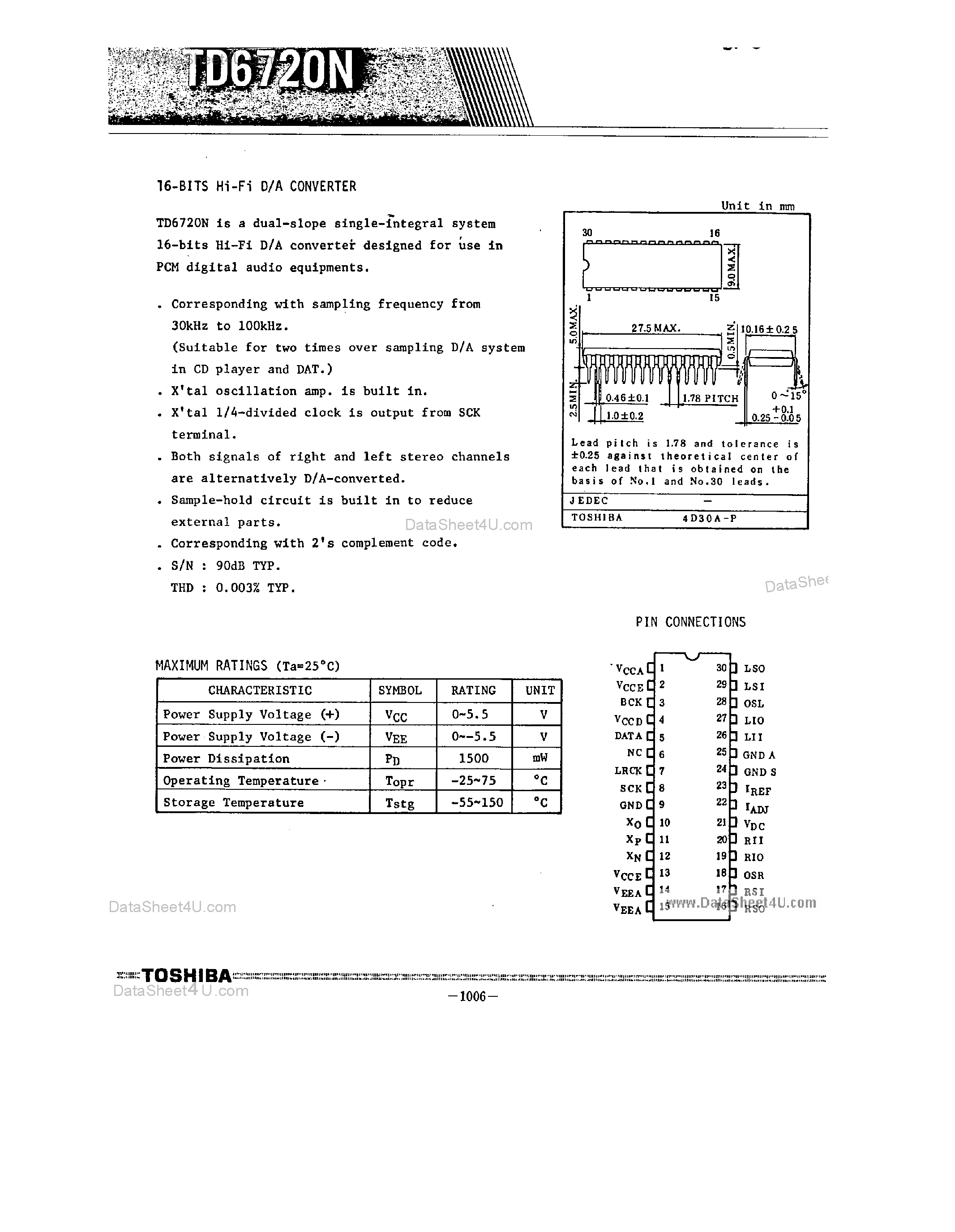 Datasheet TD6720N - 16-Bit Hi-Fi D/A Converter page 1