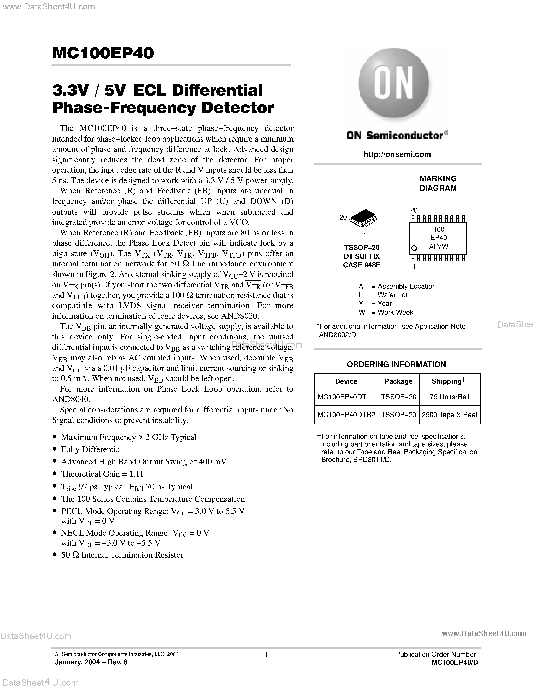 Даташит MC100EP40 - 3.3V / 5V ECL Differential Phase-Frequency Detector страница 1
