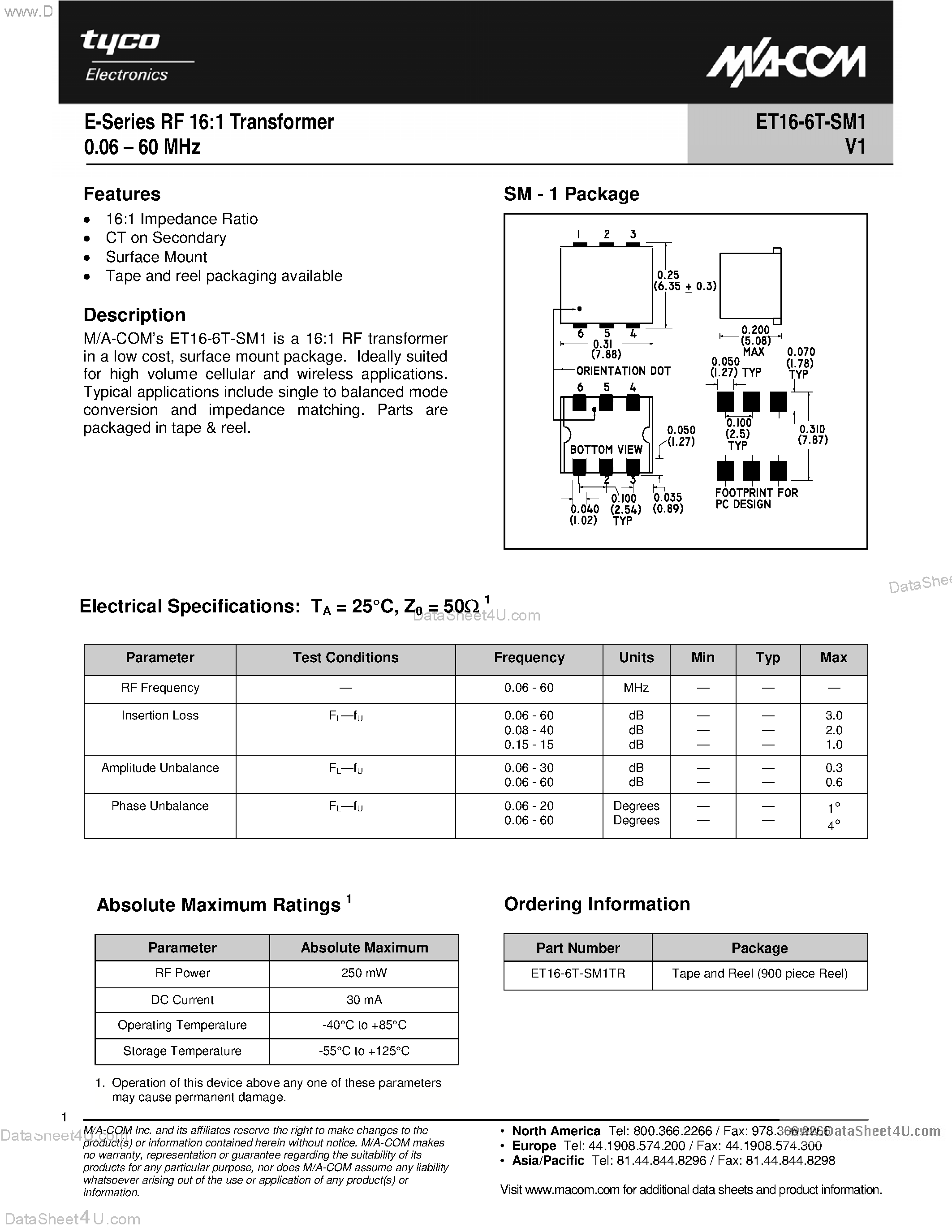 Datasheet ET16-6T-SM1 - E-Series RF 16:1 Transformer 0.06 - 60 MHz page 1