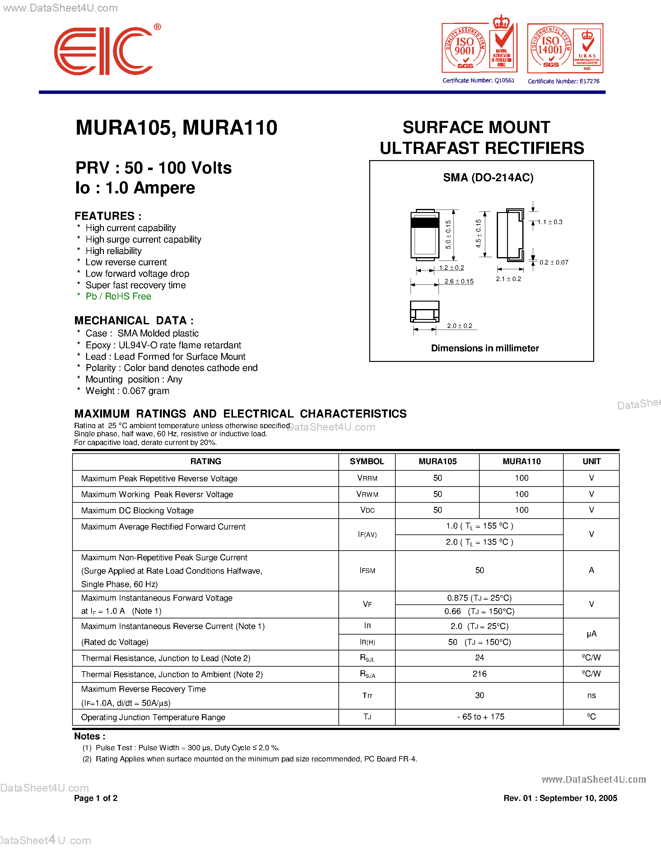Datasheet MURA105 - (MURA105 / MURA110) SURFACE MOUNT ULTRAFAST RECTIFIERS page 1