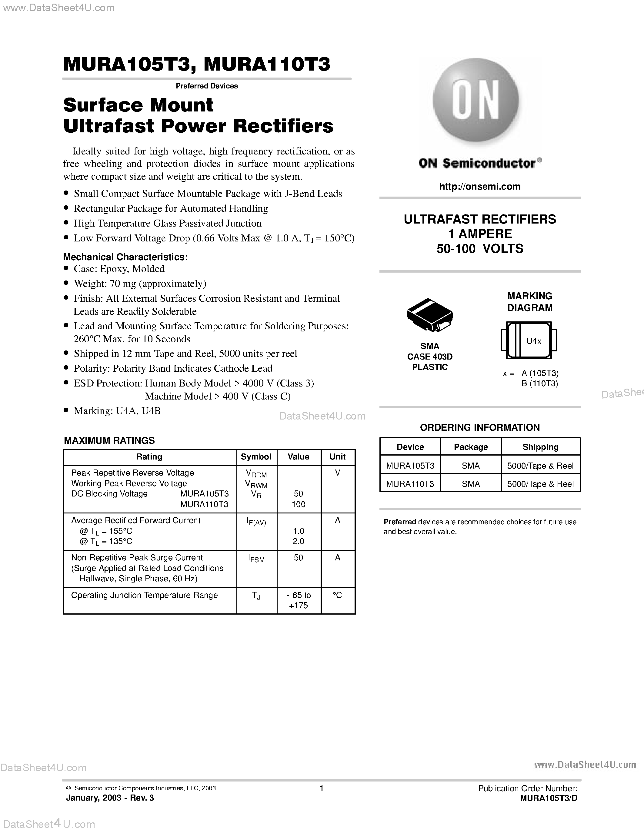 Datasheet MURA105T3 page 1 Datasheet MURA105T3 - (MURA105T3 / MURA110T3) Surface Mount Ultrafast Power Rectifiers page 1