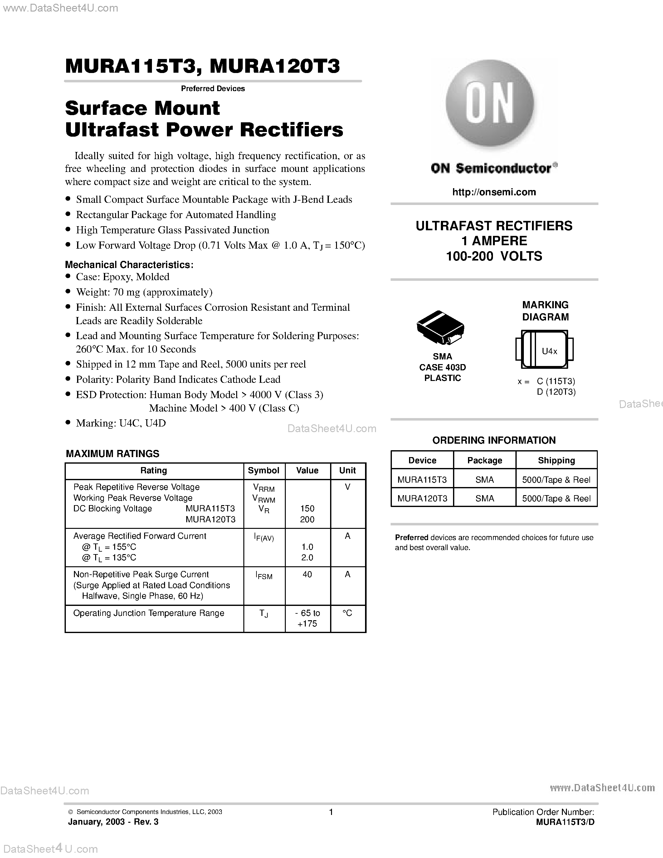 Datasheet MURA115T3 page 1 Datasheet MURA115T3 - (MURA115T3 / MURA120T3) Surface Mount Ultrafast Power Rectifiers page 1