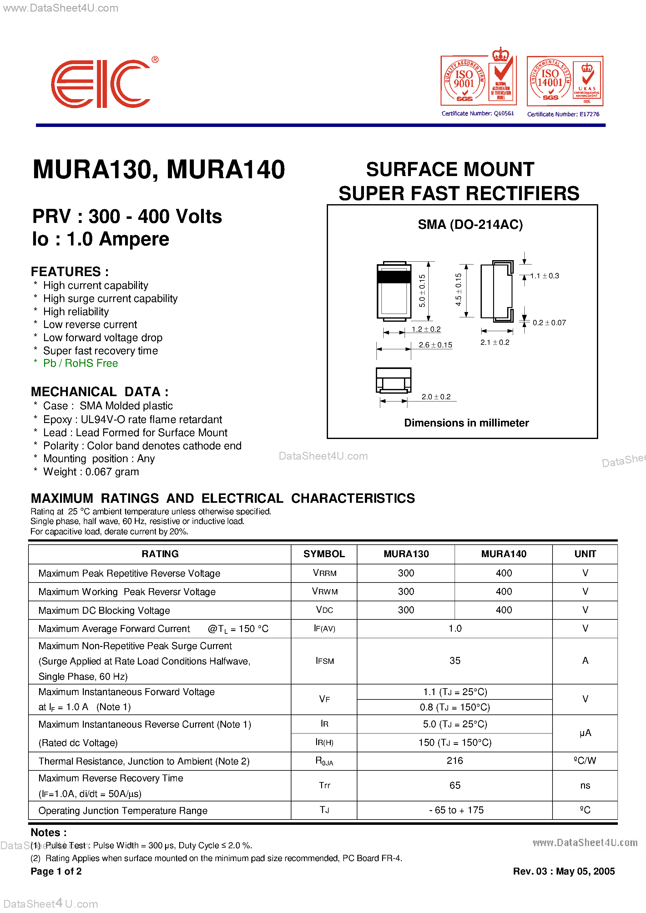 Datasheet MURA130 - (MURA130 / MURA140) SURFACE MOUNT SUPER FAST RECTIFIERS page 1