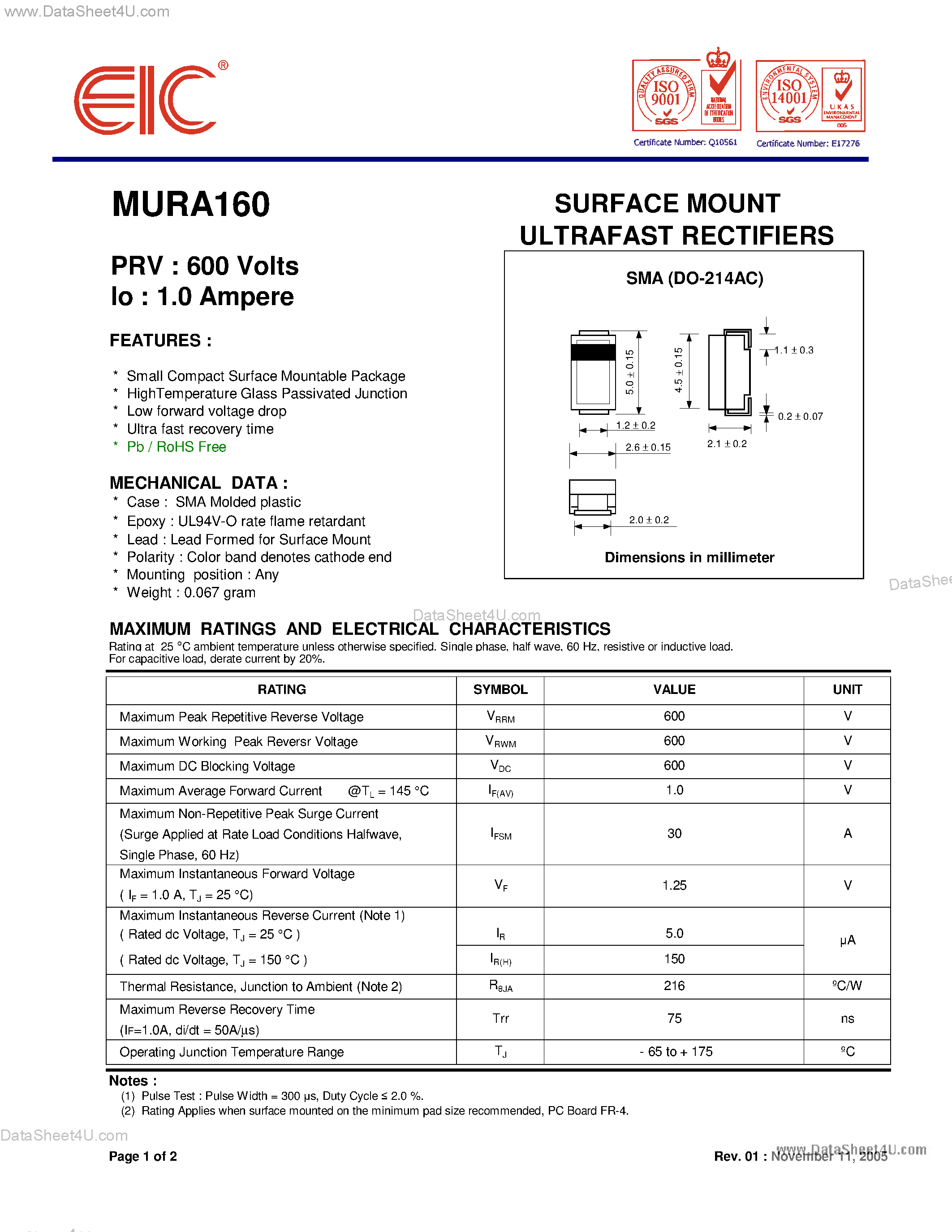 Datasheet MURA160 - SURFACE MOUNT ULTRAFAST RECTIFIERS page 1