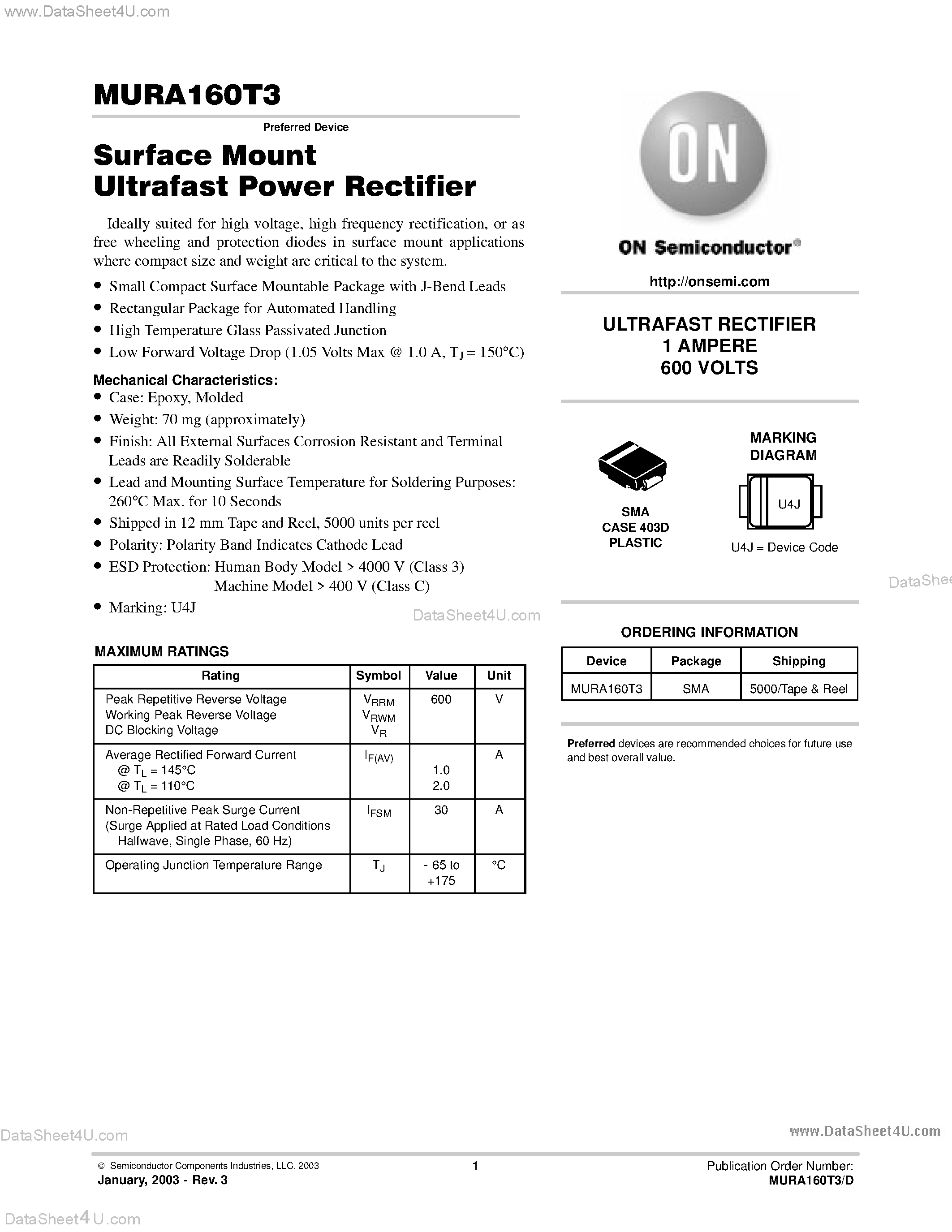 Даташит MURA160T3 - Surface Mount Ultrafast Power Rectifier страница 1