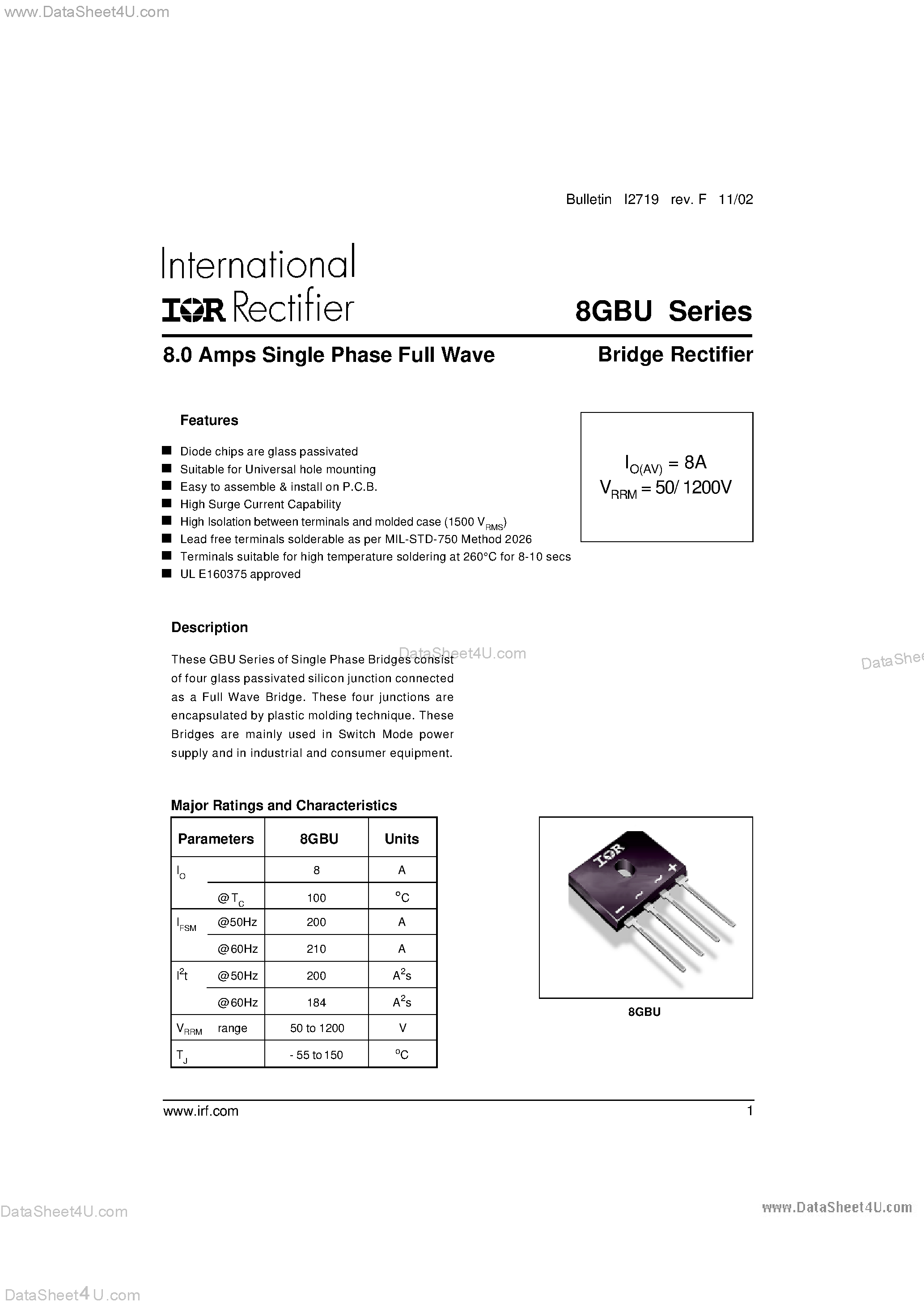 Datasheet 8GBU - 8.0 Amps Single Phase Full Wave page 1