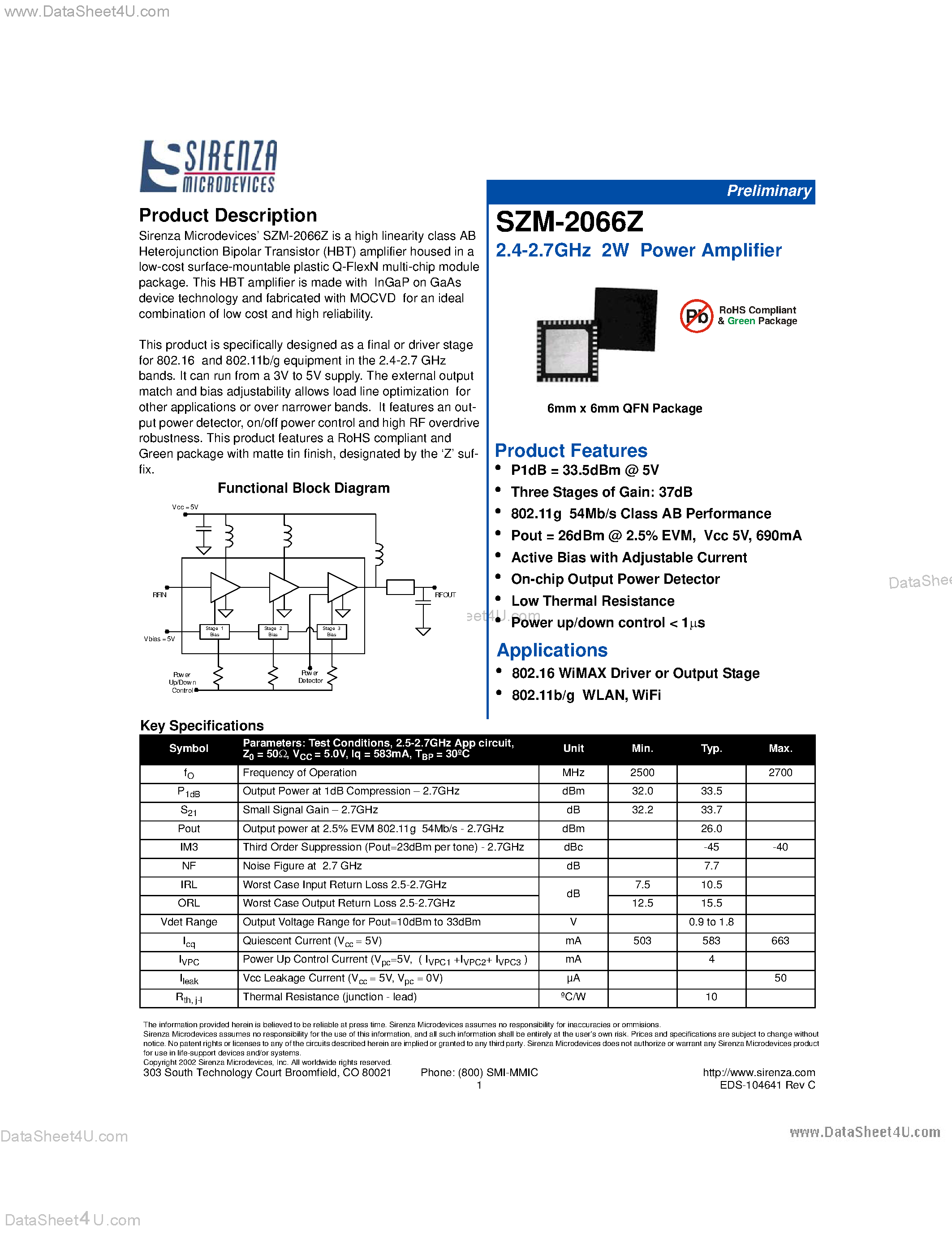 Datasheet SZM-2066Z - 2.4-2.7GHz 2W Power Amplifier page 1