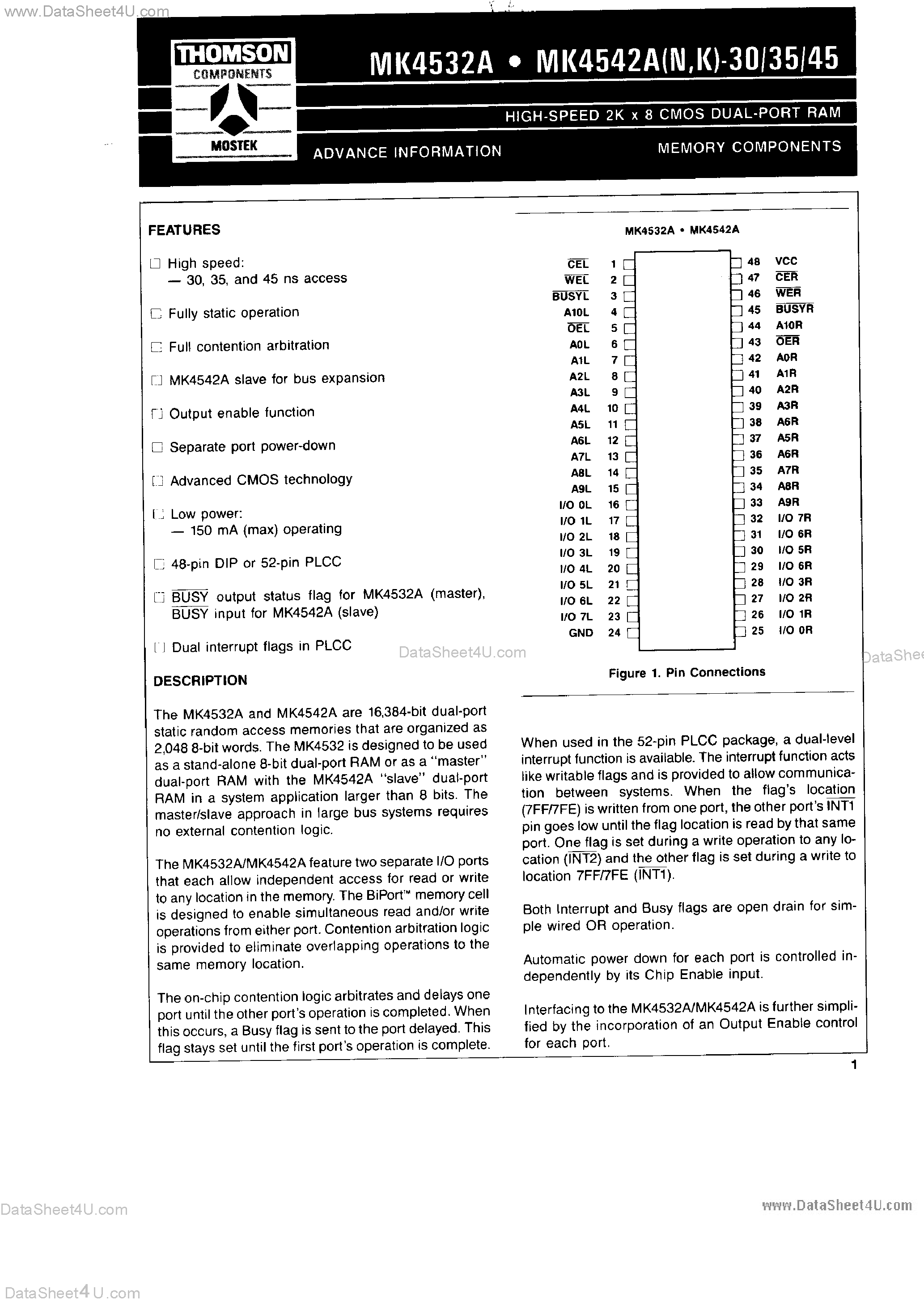 Datasheet MK4542A - High Speed 2K x 8 CMOS Dual Port RAM page 1