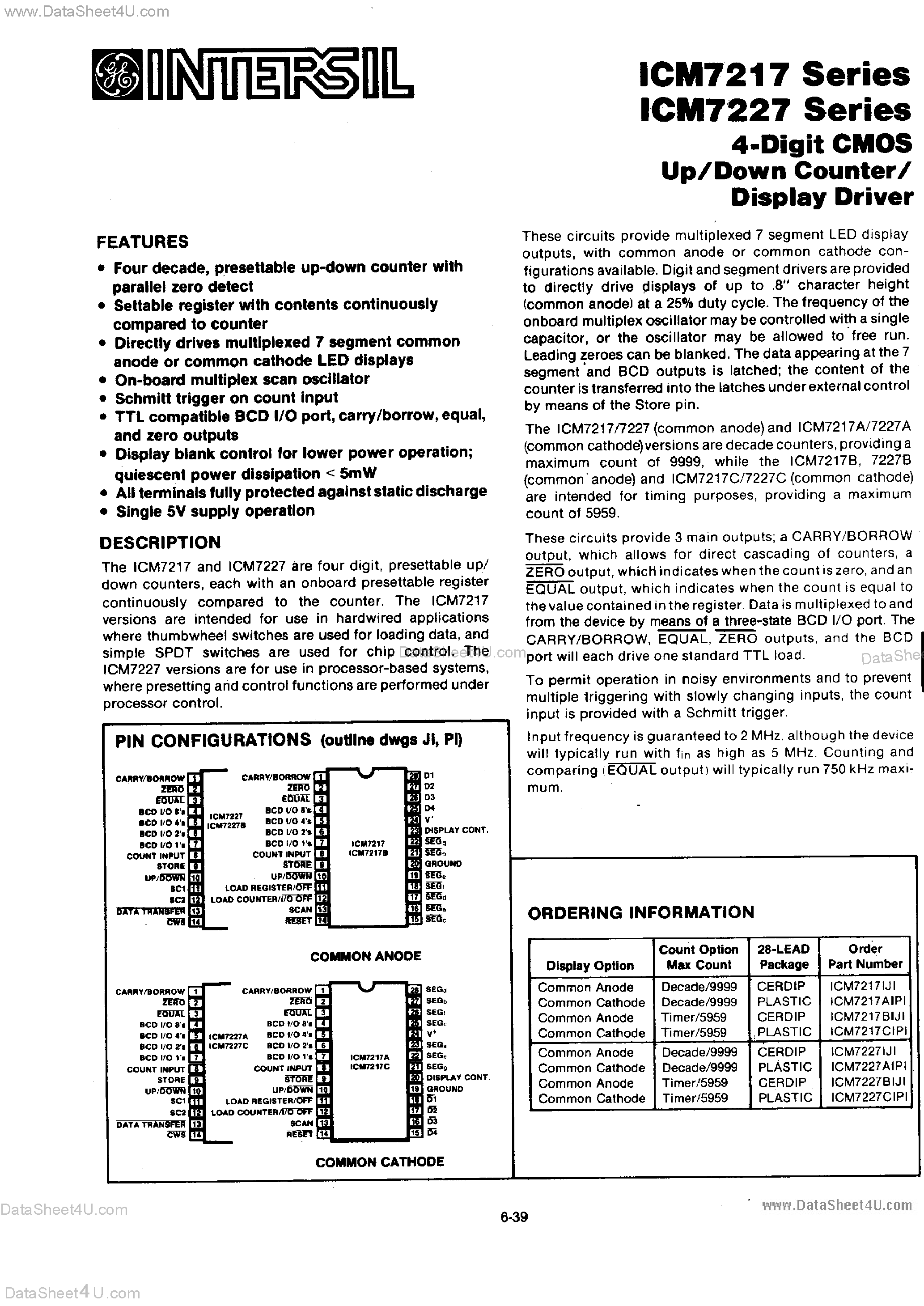 Даташит ICM7217 - (ICM7217 / ICM7227) 4-Digit CMOS Up/Down Counter / Display Driver страница 1