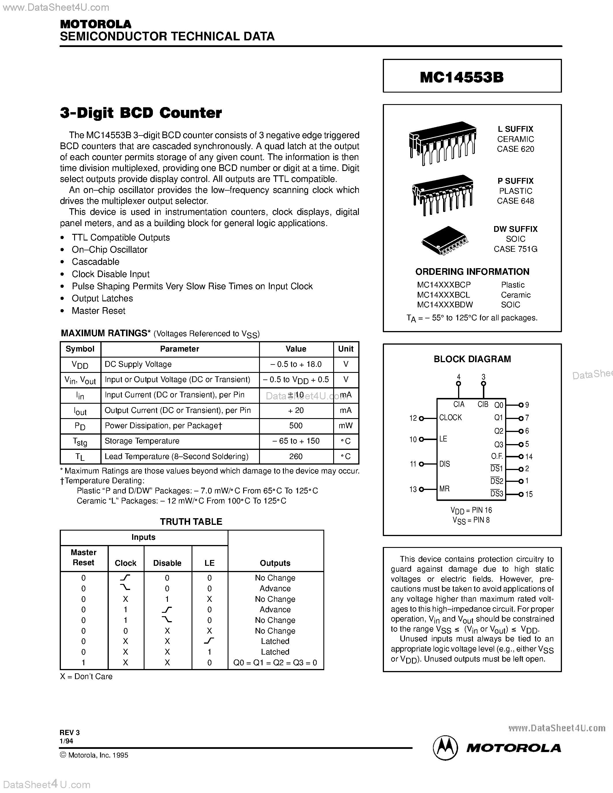 Datasheet MC14553B - 3-Digit BCD Counter page 1