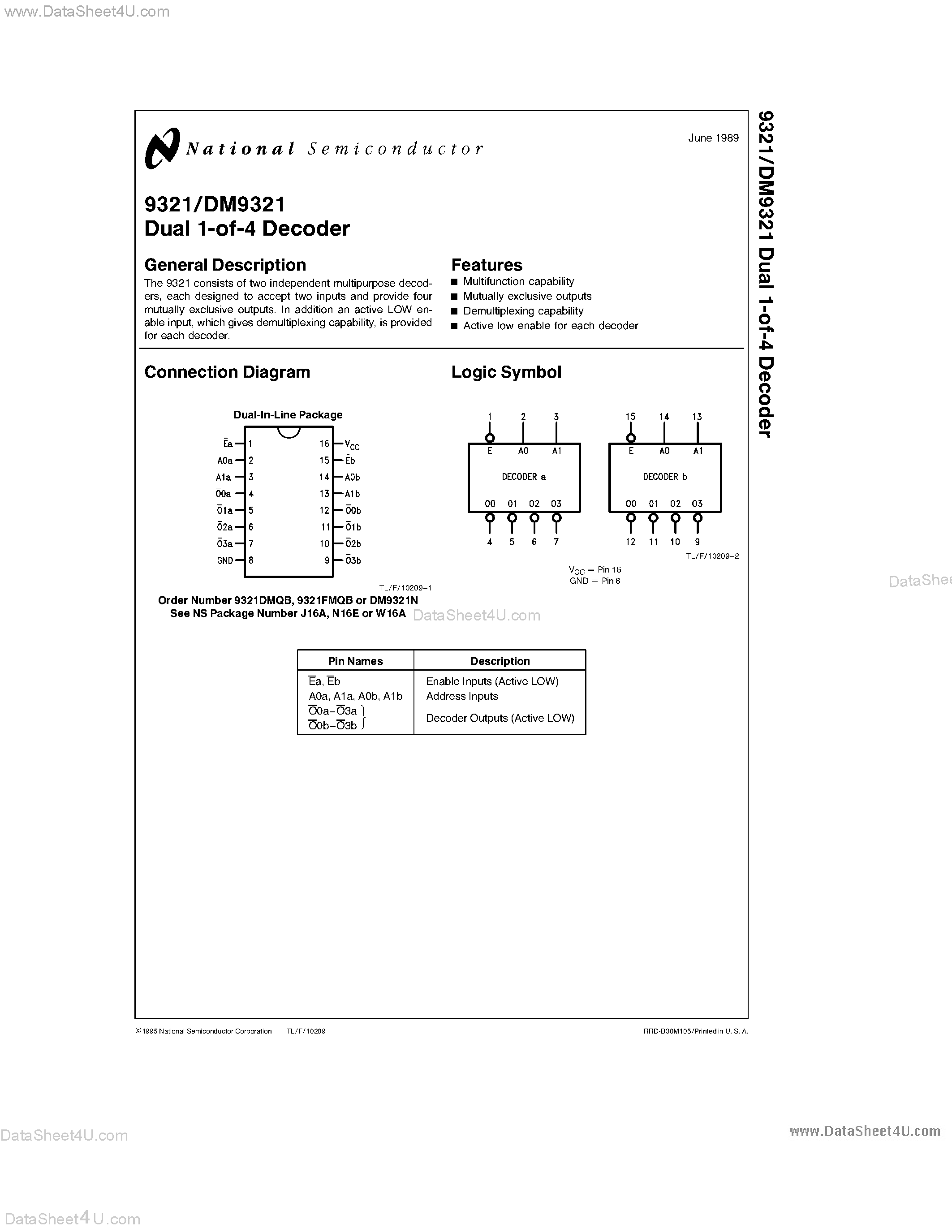 Datasheet DM9321 - DUAL 1-OF-4 DECODER page 1