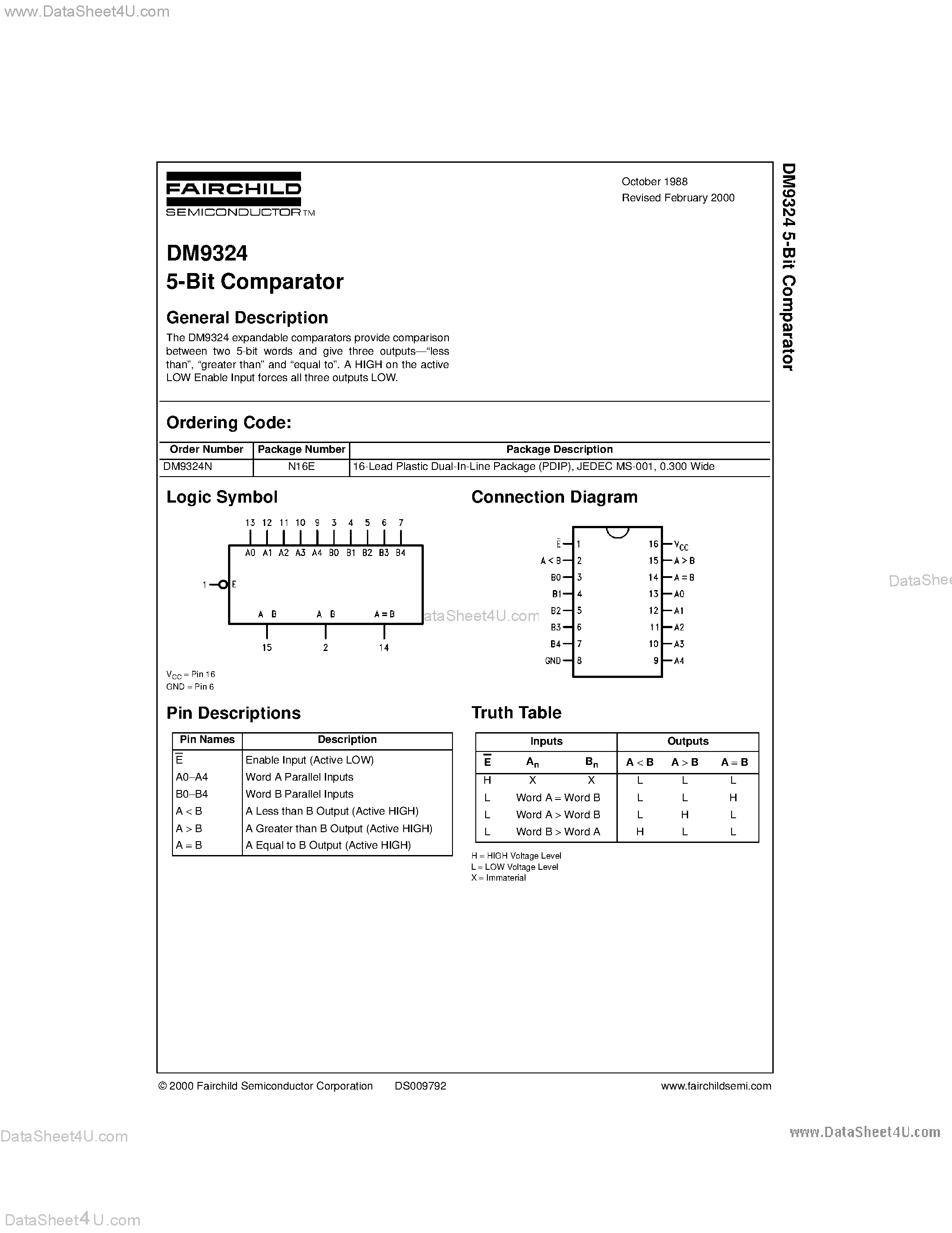 Datasheet DM9324 - 5-Bit Comparator page 1