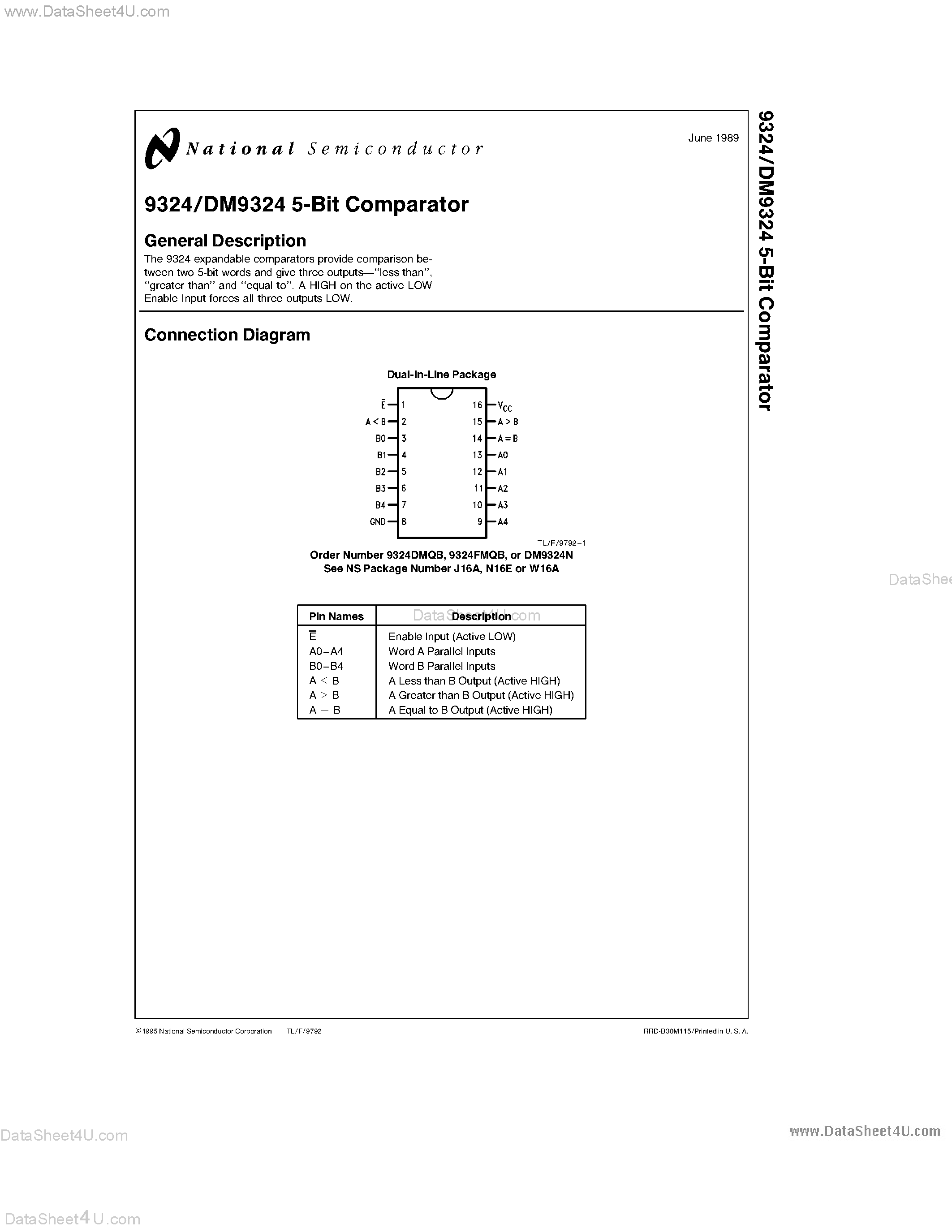Datasheet DM9324 - 5-Bit Comparator page 1