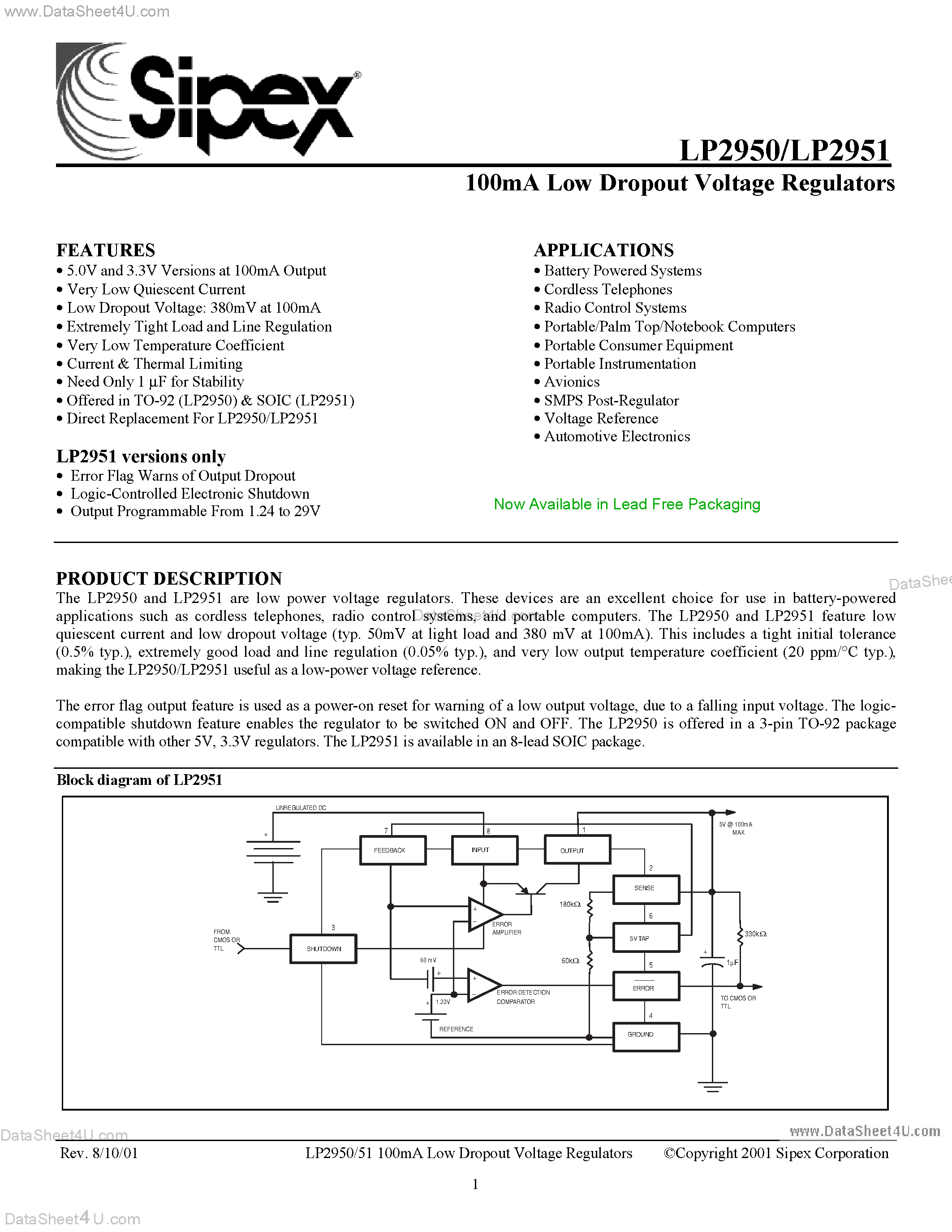 Datasheet LP2950 - (LP2950 / LP2951) 100 mA Low Dropout Voltage Regulators page 1