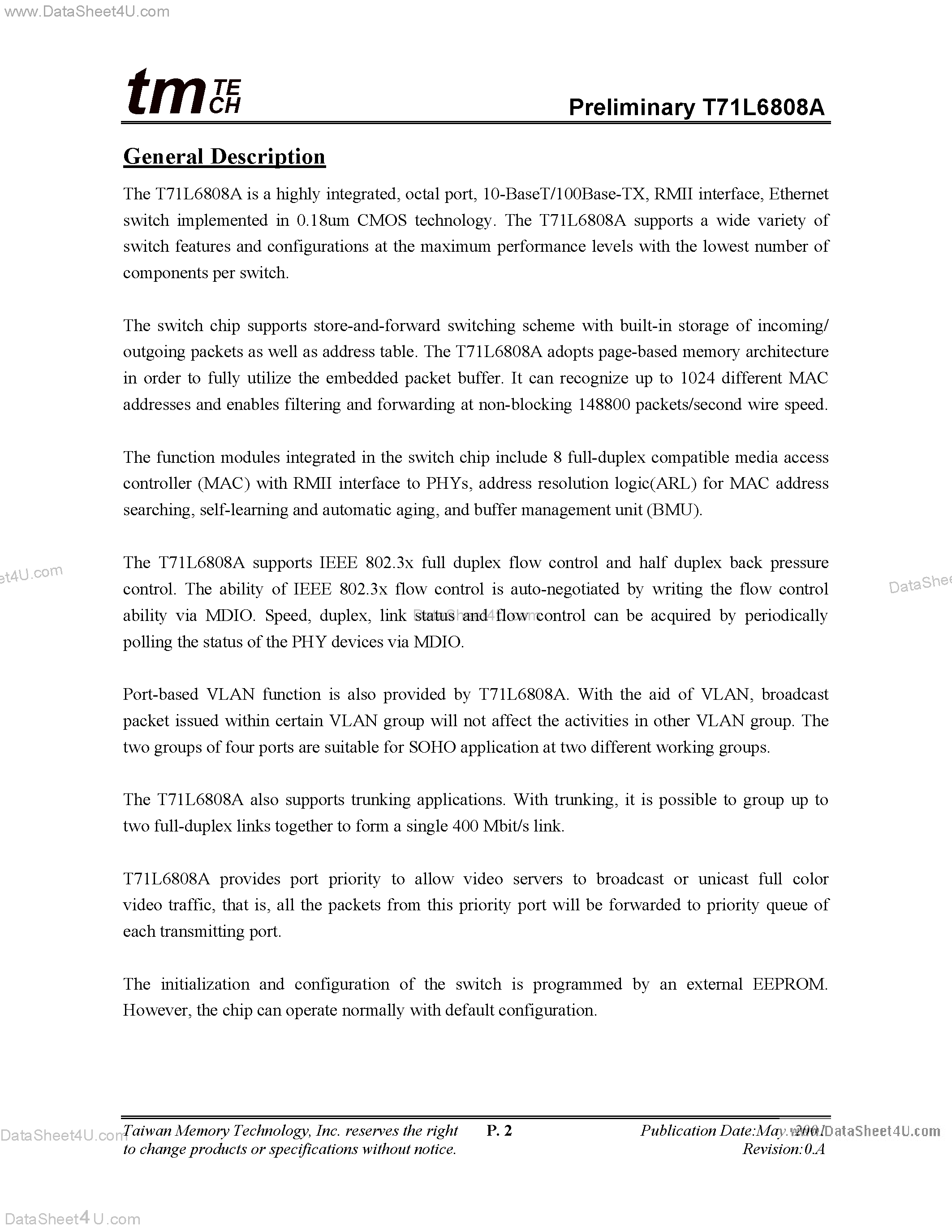Datasheet T71L6808A page 2 Datasheet T71L6808A - Octal 10/100 Switch with Embedded Memory page 2