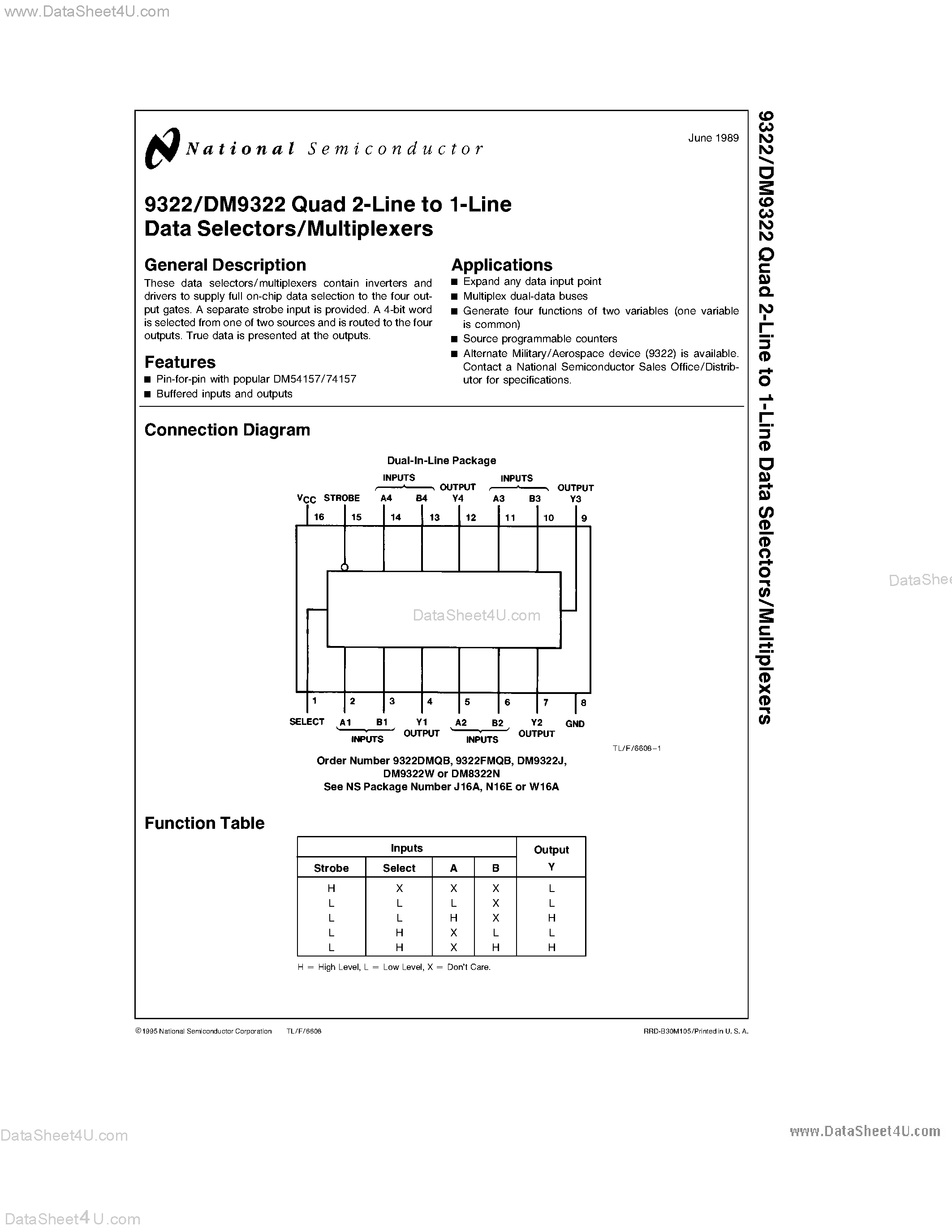 Datasheet DM9322 page 1 Datasheet DM9322 - Quad 2-Line to 1-Line Data Selectors / Multiplexers page 1