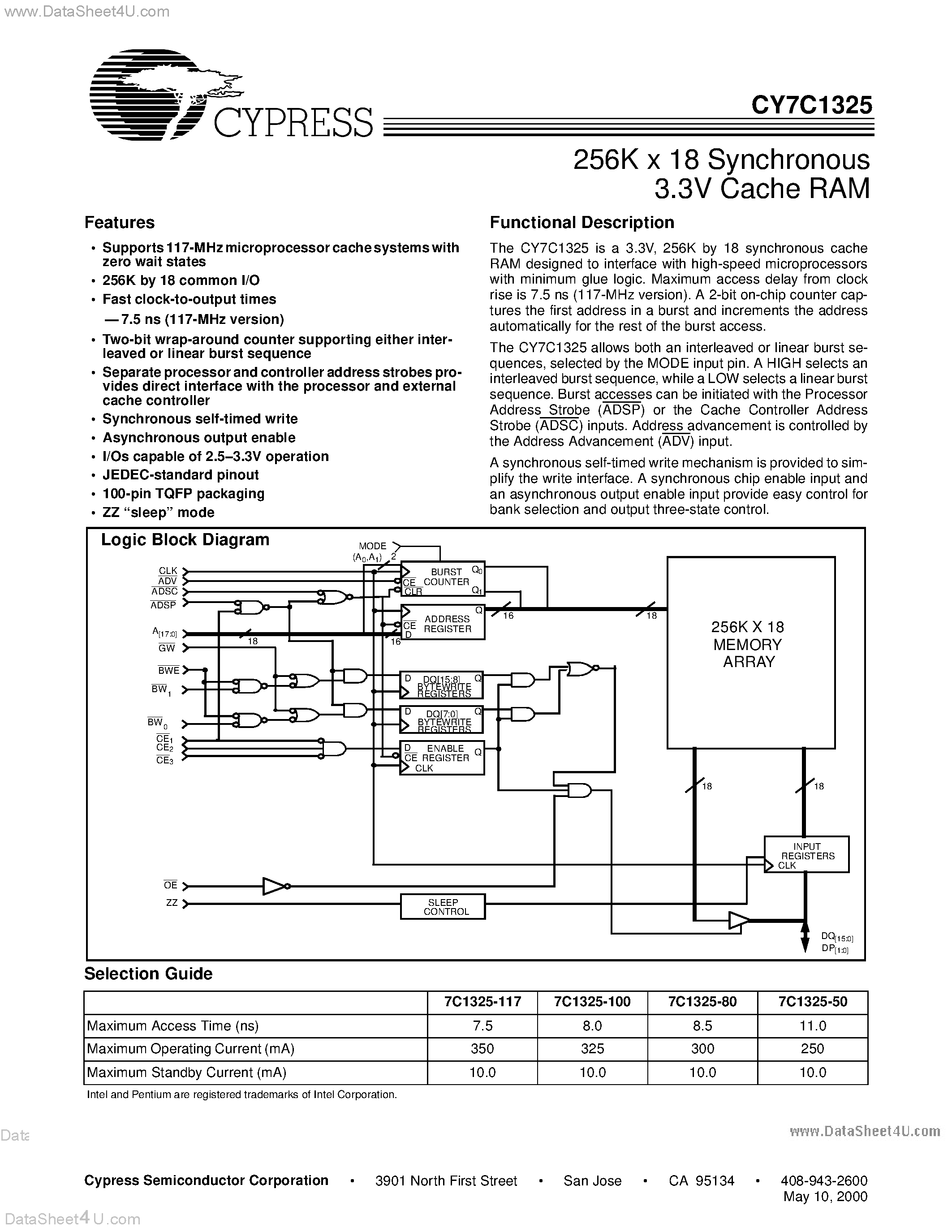 Datasheet CY7C1325 page 1 Datasheet CY7C1325 - 256K x 18 Synchronous 3.3V Cache RAM page 1