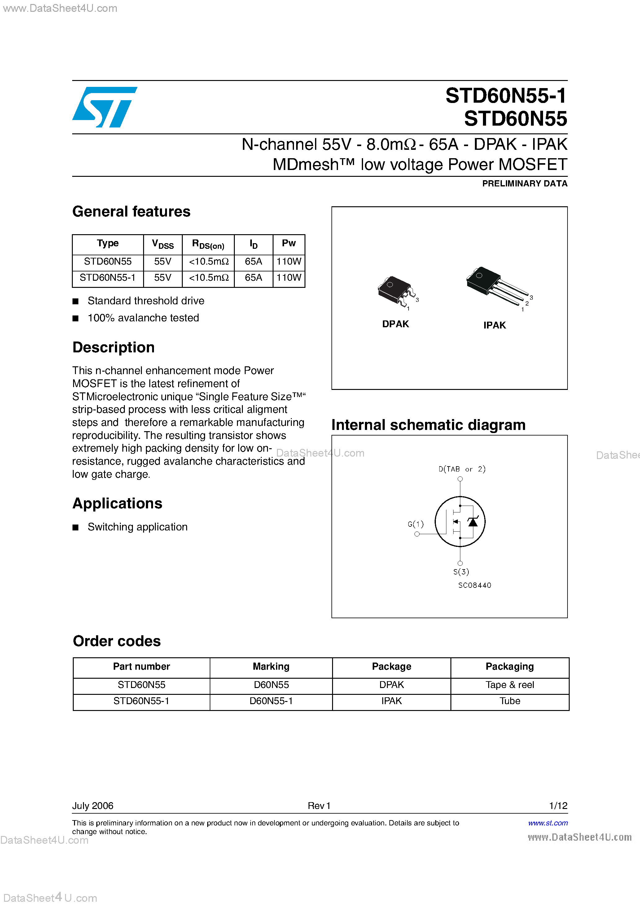 Datasheet STD60N55 - N-channel Power MOSFET page 1