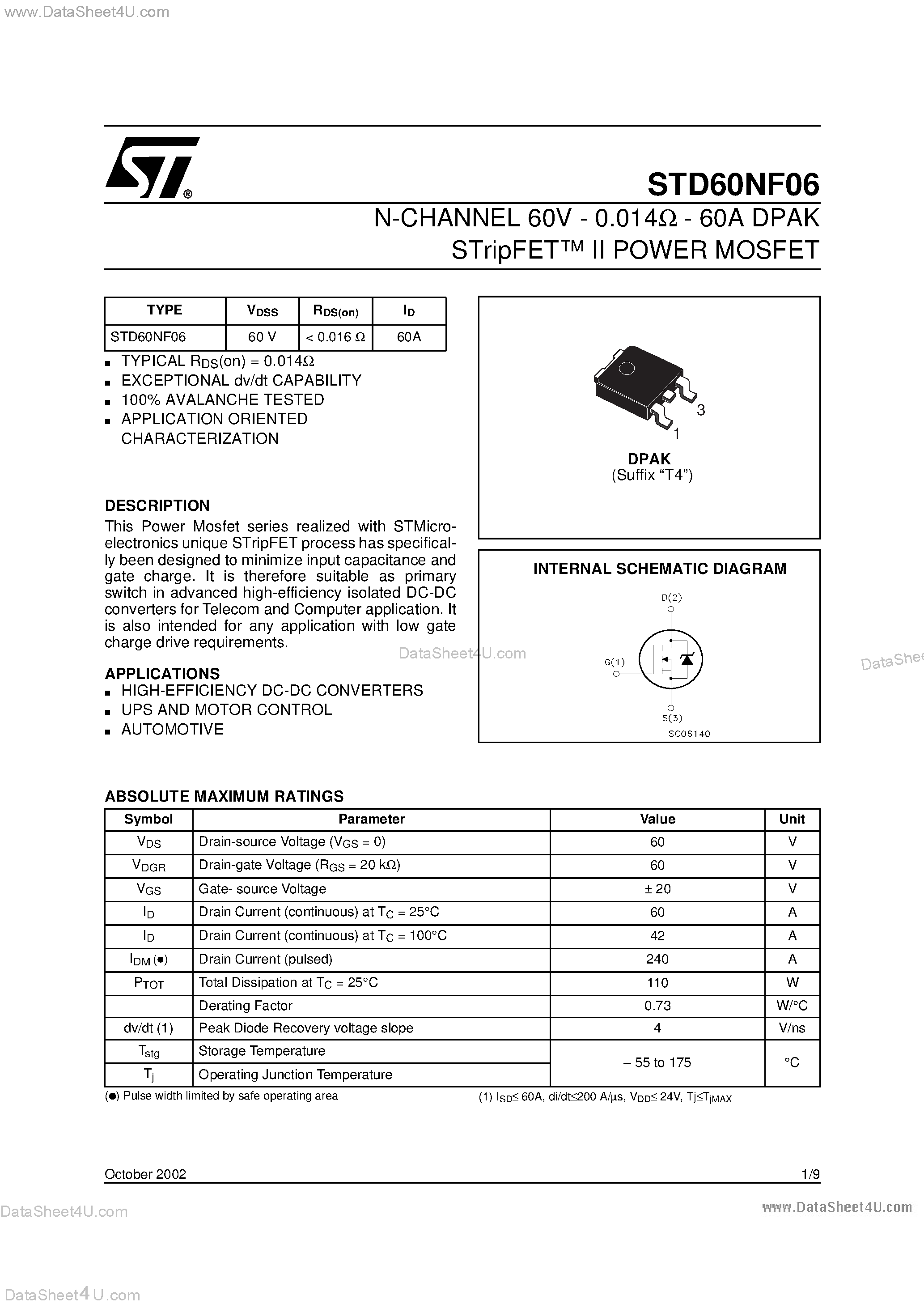 Datasheet STD60NF06 - N-CHANNEL POWER MOSFET page 1