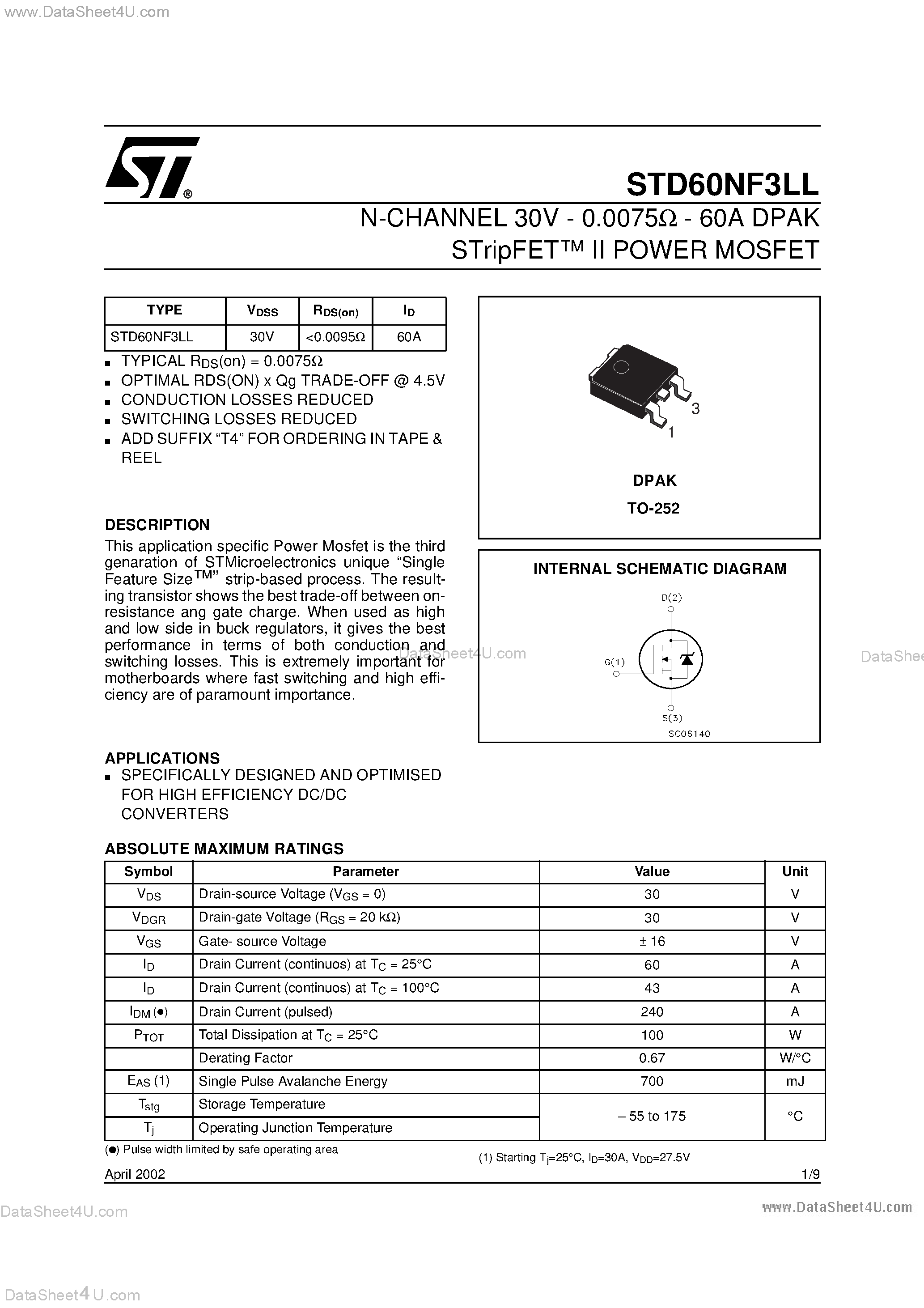 Datasheet STD60NF3LL - N-CHANNEL POWER MOSFET page 1