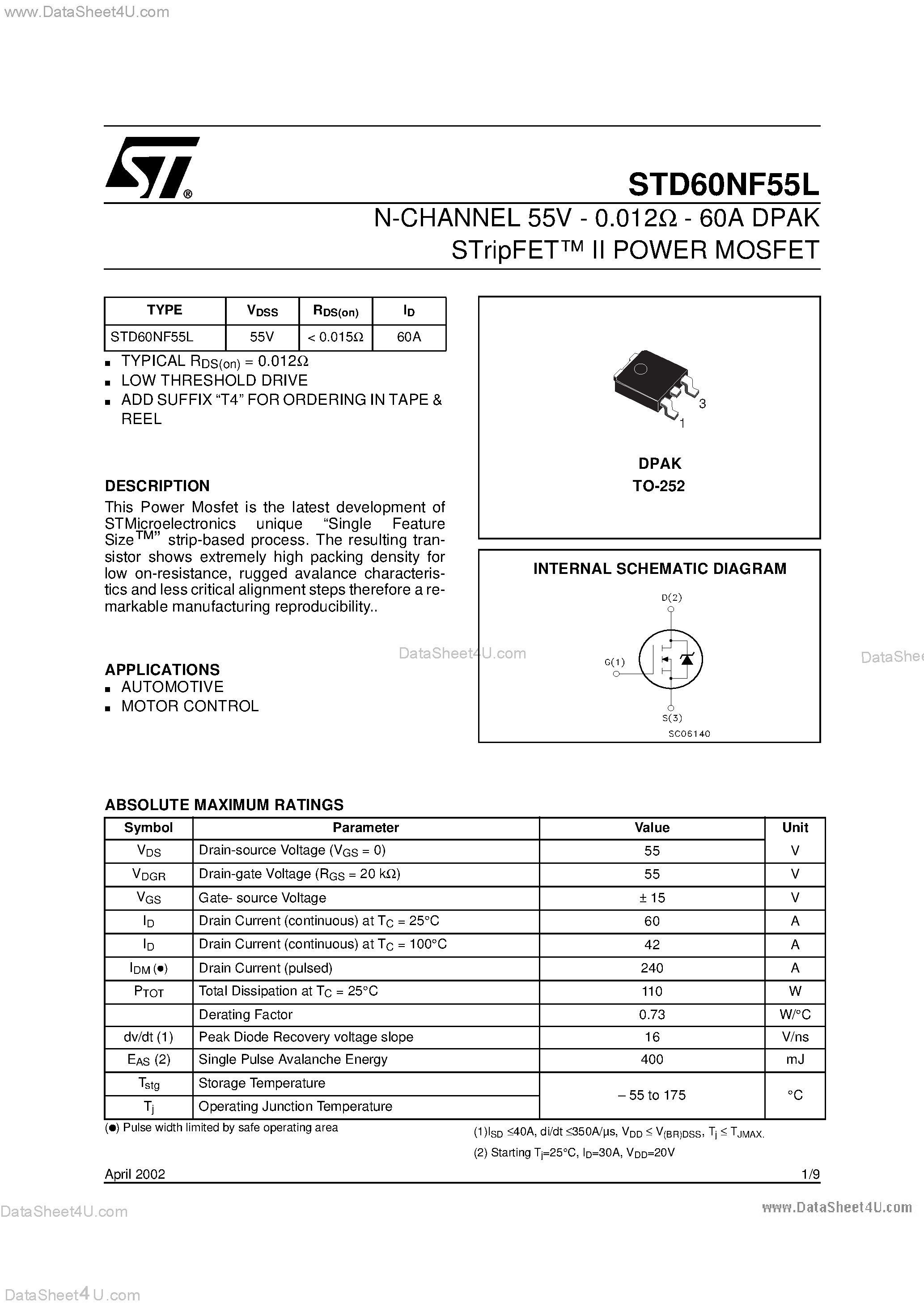 Datasheet STD60NF55L - N-CHANNEL POWER MOSFET page 1