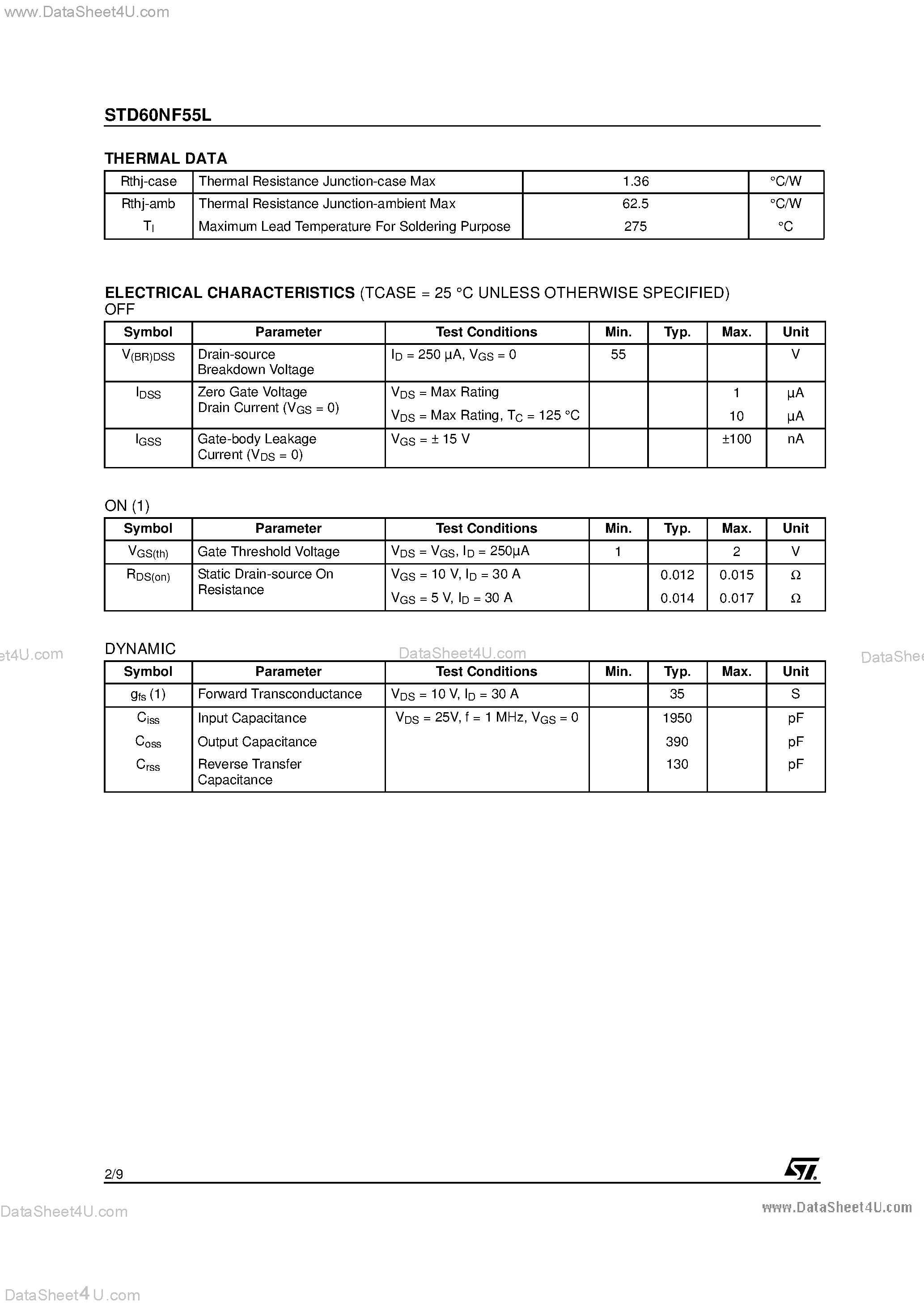 Datasheet STD60NF55L - N-CHANNEL POWER MOSFET page 2