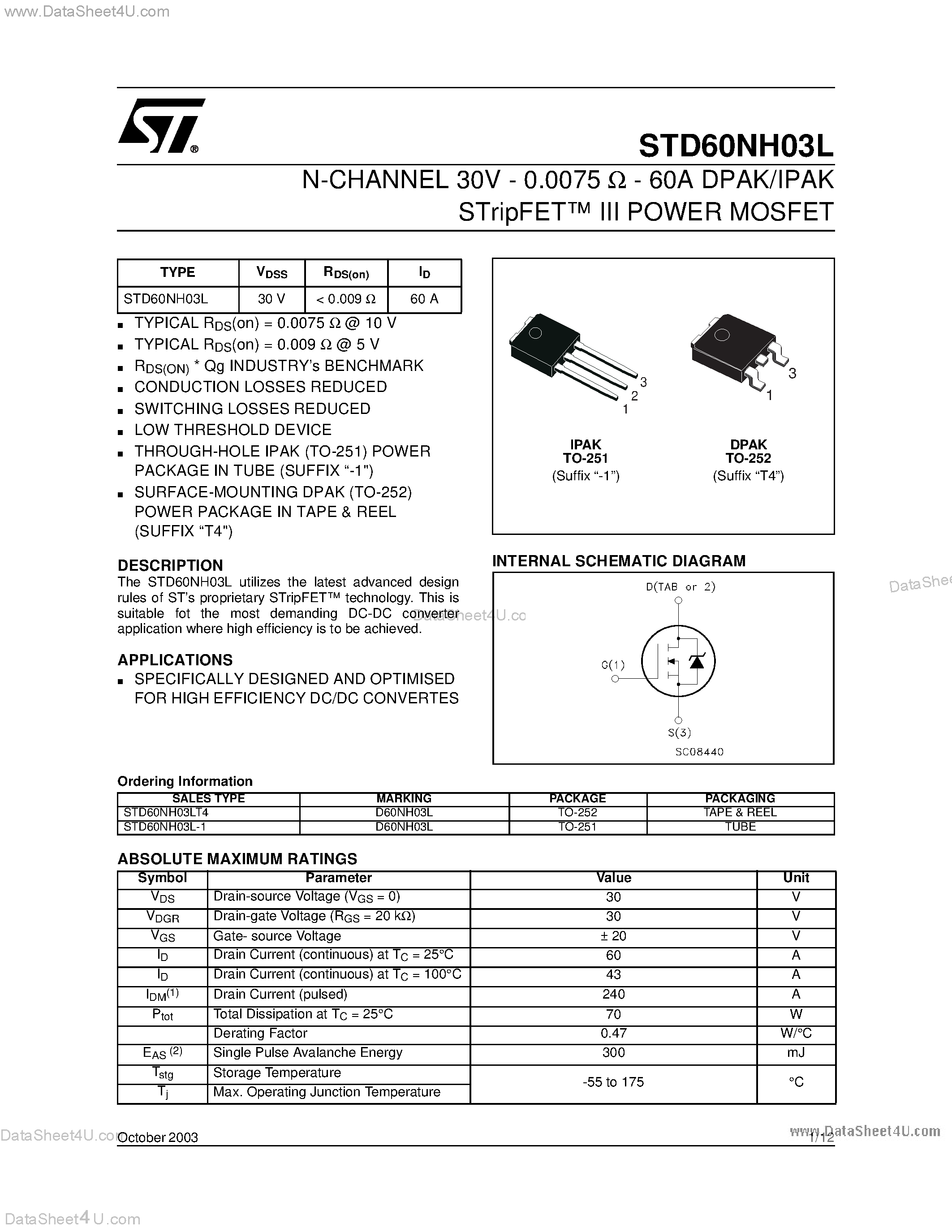 Datasheet STD60NH03L - N-CHANNEL POWER MOSFET page 1