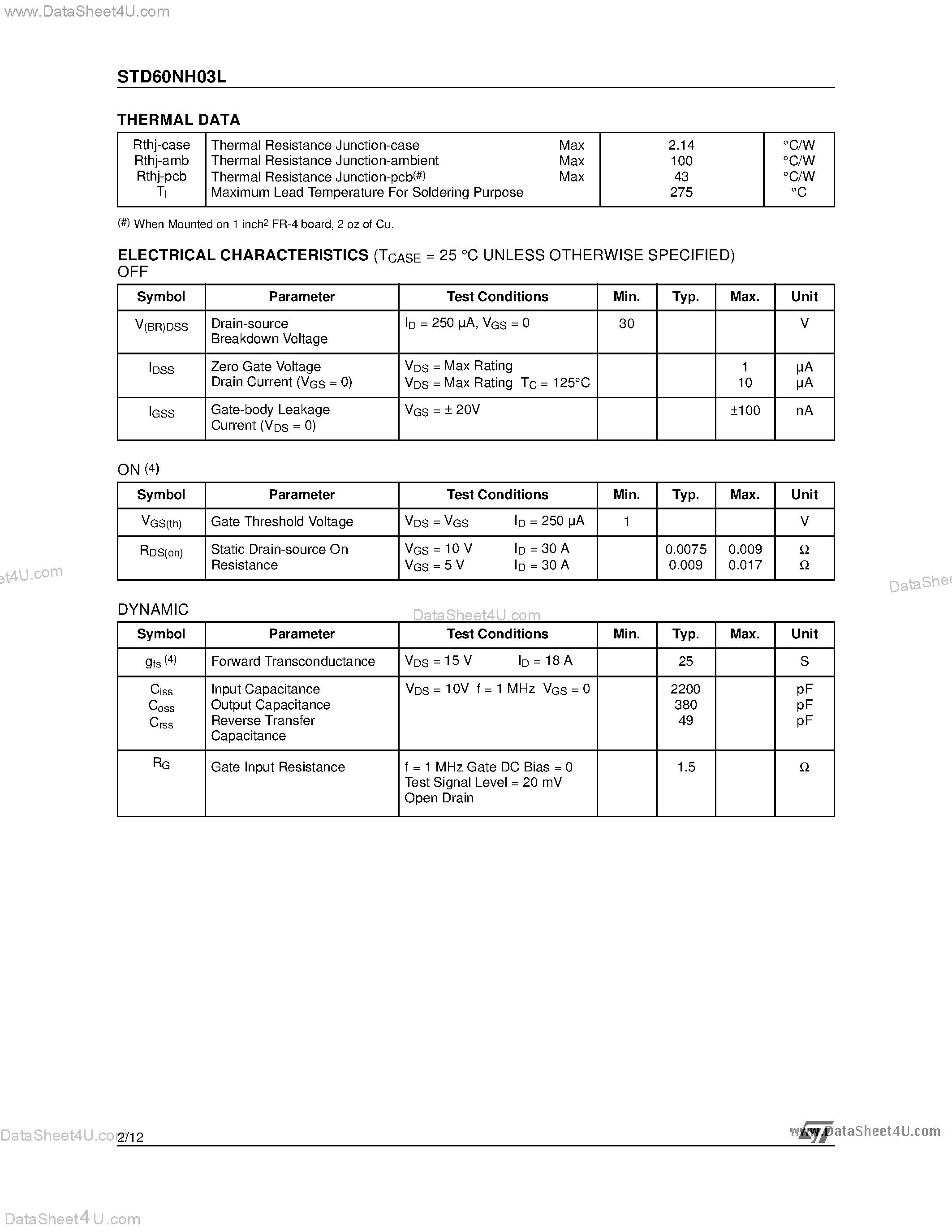 Datasheet STD60NH03L - N-CHANNEL POWER MOSFET page 2