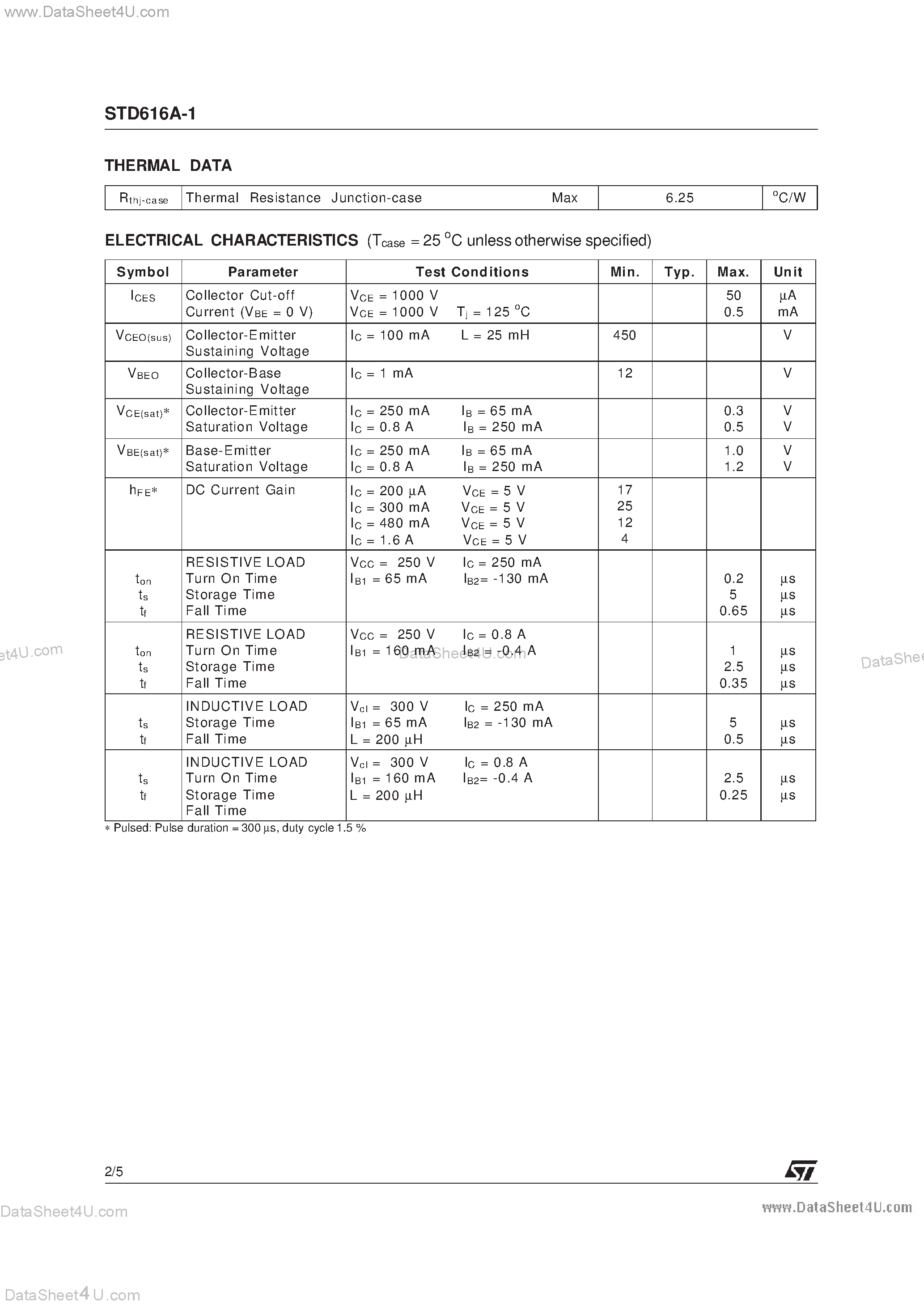 Datasheet STD616A-1 - HIGH VOLTAGE NPN POWER TRANSISTOR page 2