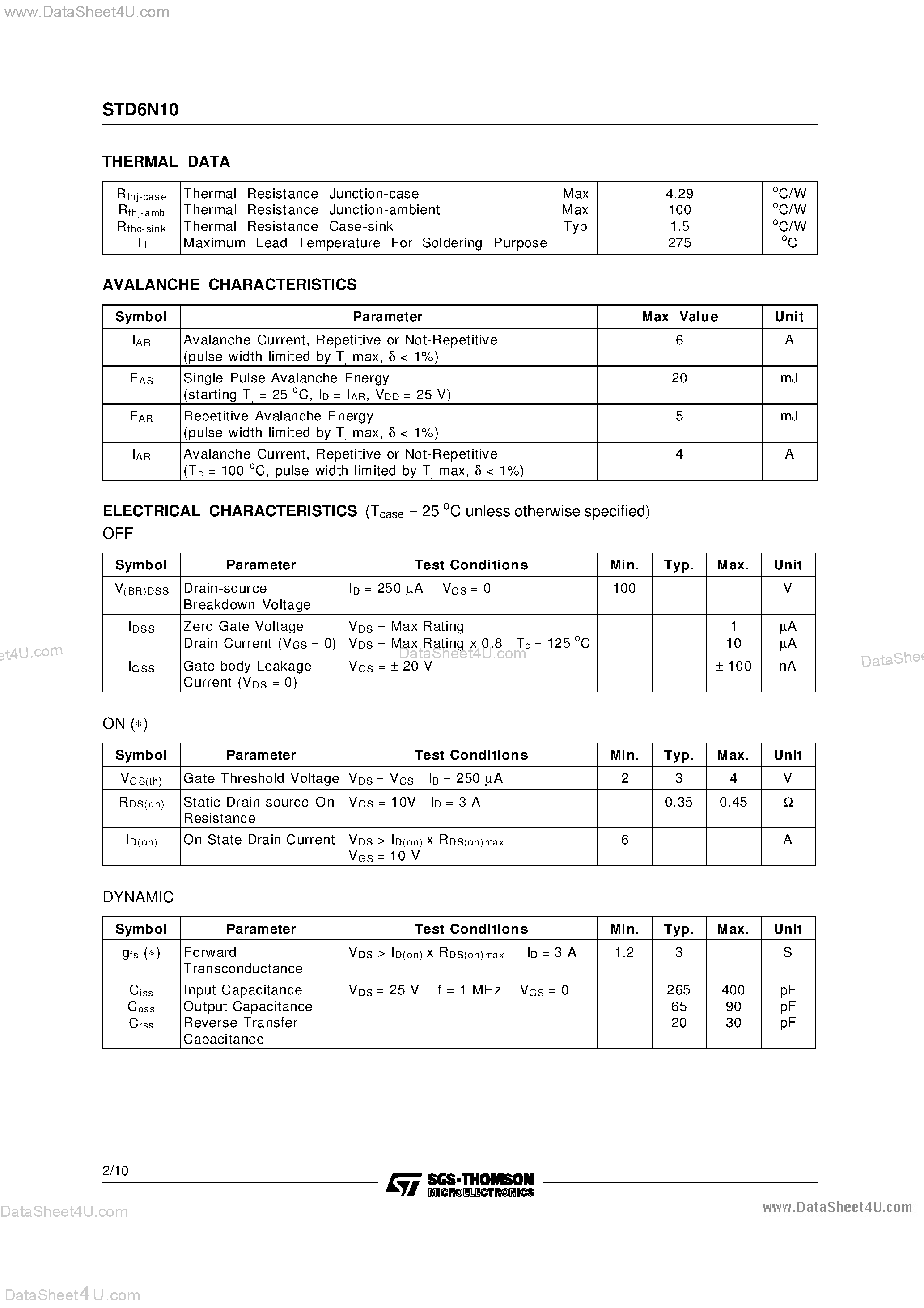 Datasheet STD6N10 - N - CHANNEL ENHANCEMENT MODE POWER MOS TRANSISTOR page 2