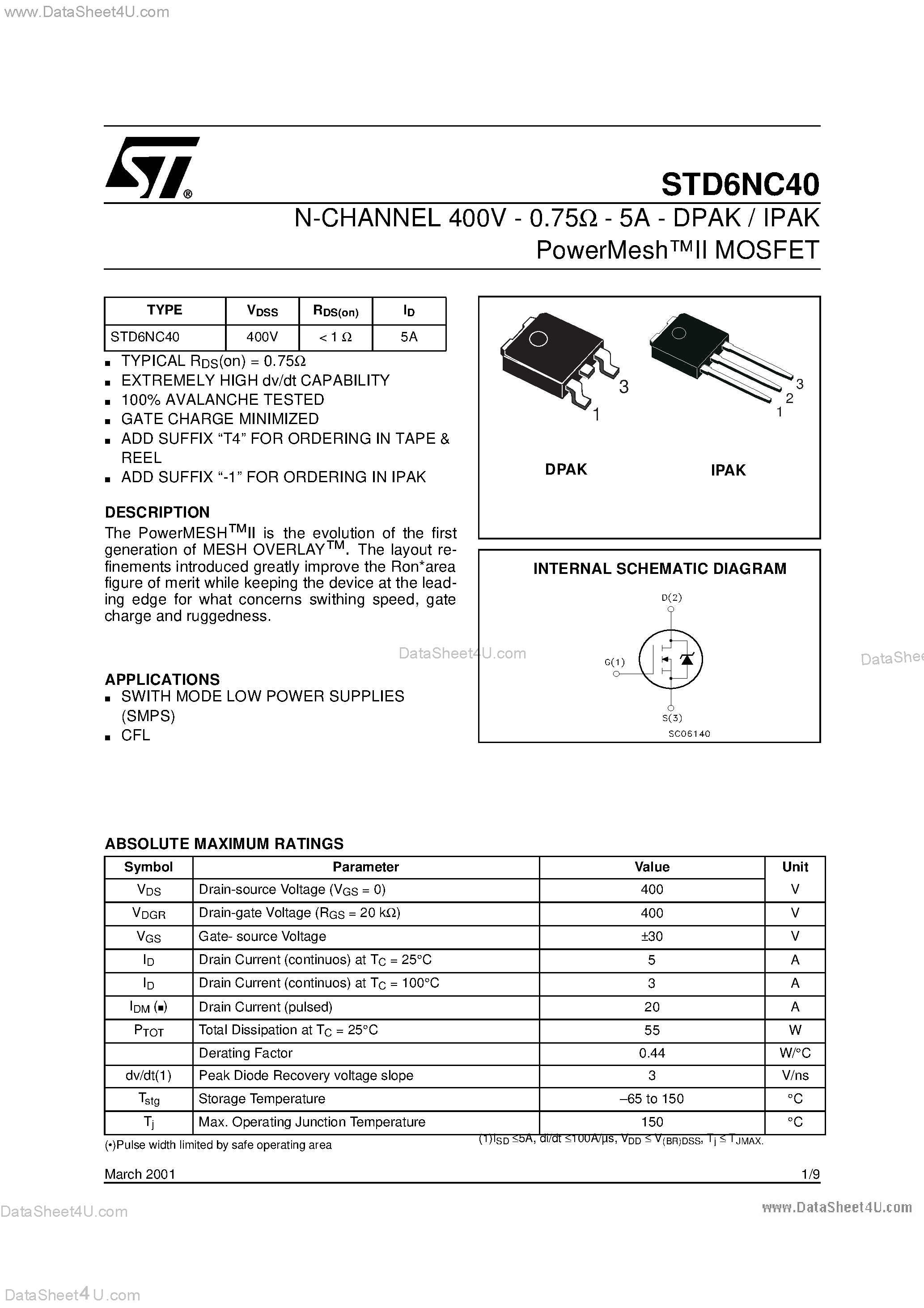 Datasheet STD6NC40 - N-CHANNEL POWER MOSFET page 1