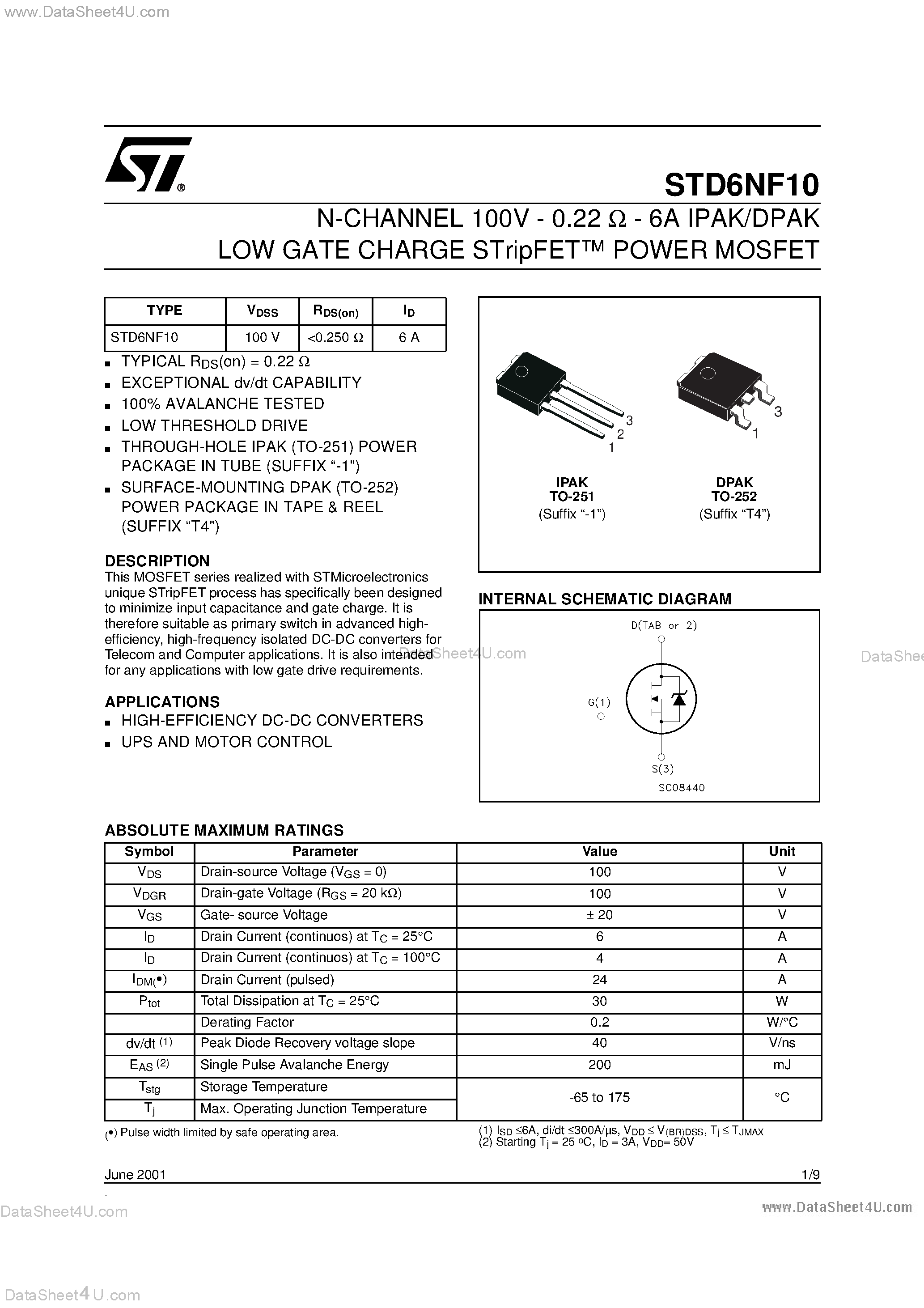 Datasheet STD6NF10 - N-CHANNEL POWER MOSFET page 1