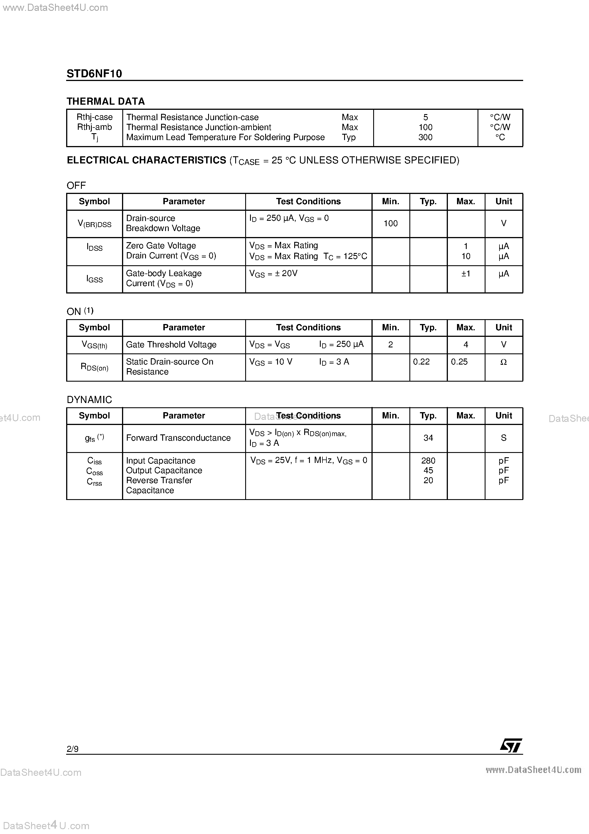 Datasheet STD6NF10 - N-CHANNEL POWER MOSFET page 2