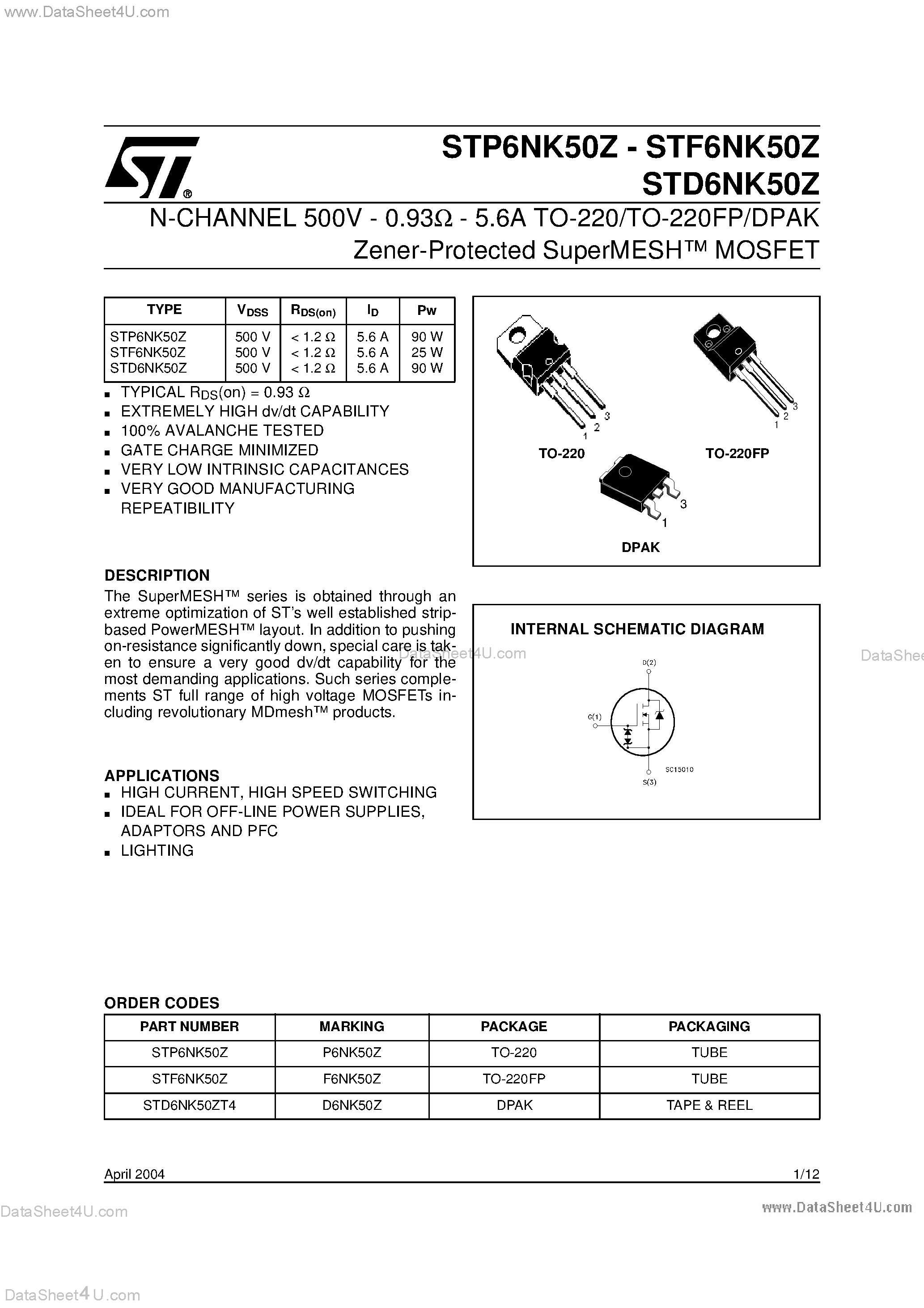 Datasheet STD6NK50Z page 1 Datasheet STD6NK50Z - N-CHANNEL POWER MOSFET page 1