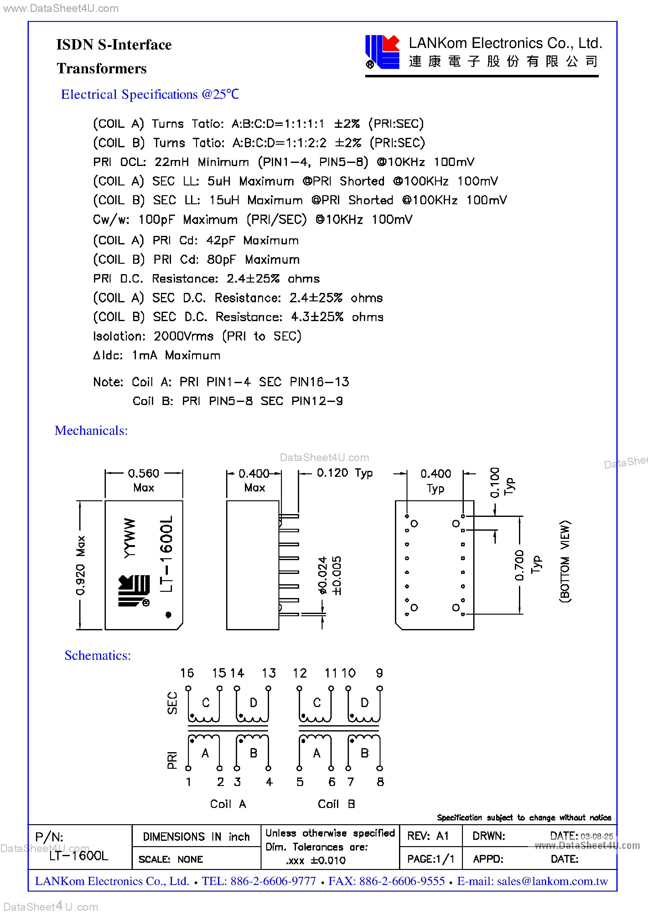 Datasheet LT-1600L - ISDN S-Interface Transformers page 1