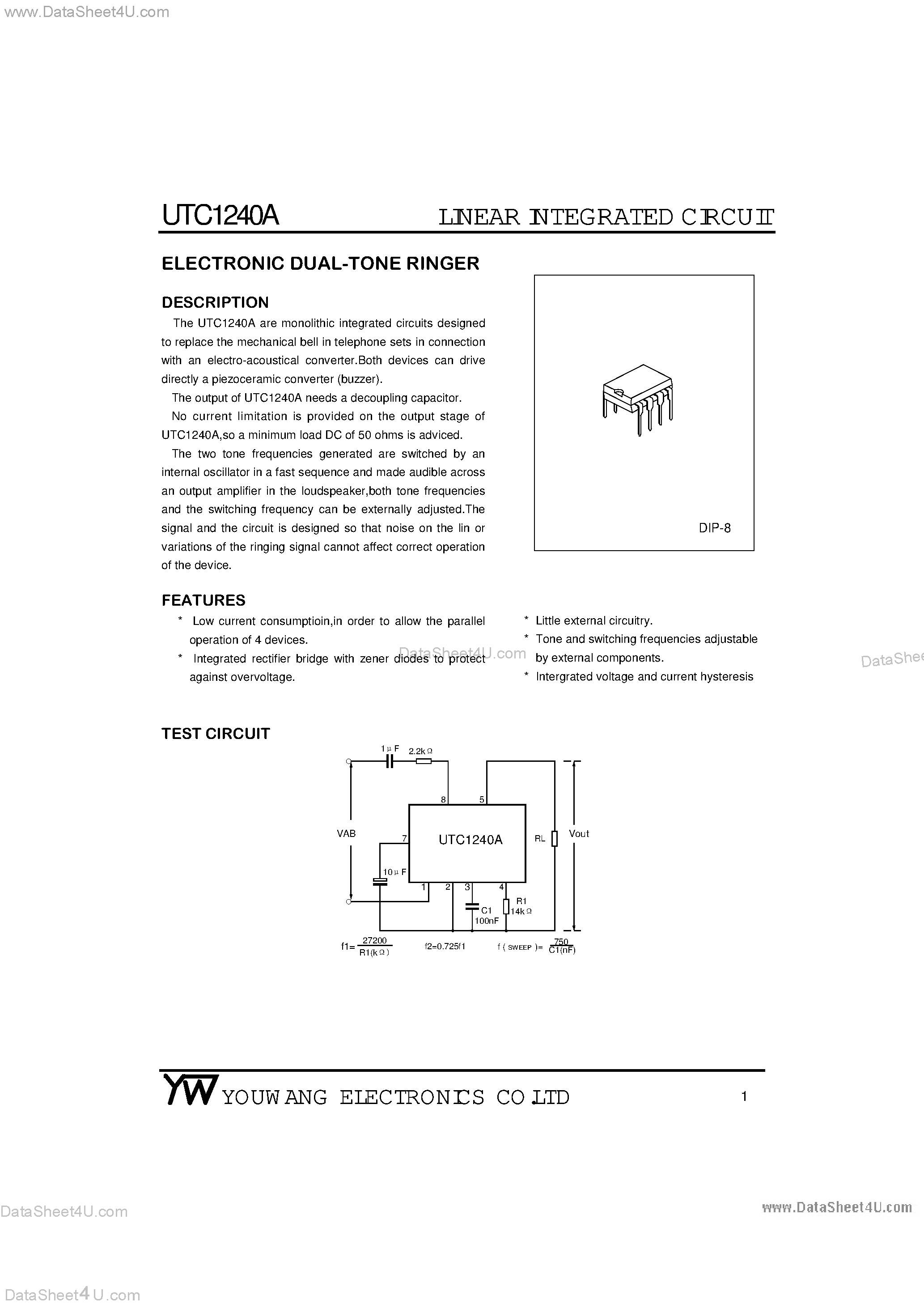Даташит UTC1240A - Electronic Dual Tone Ringer страница 1